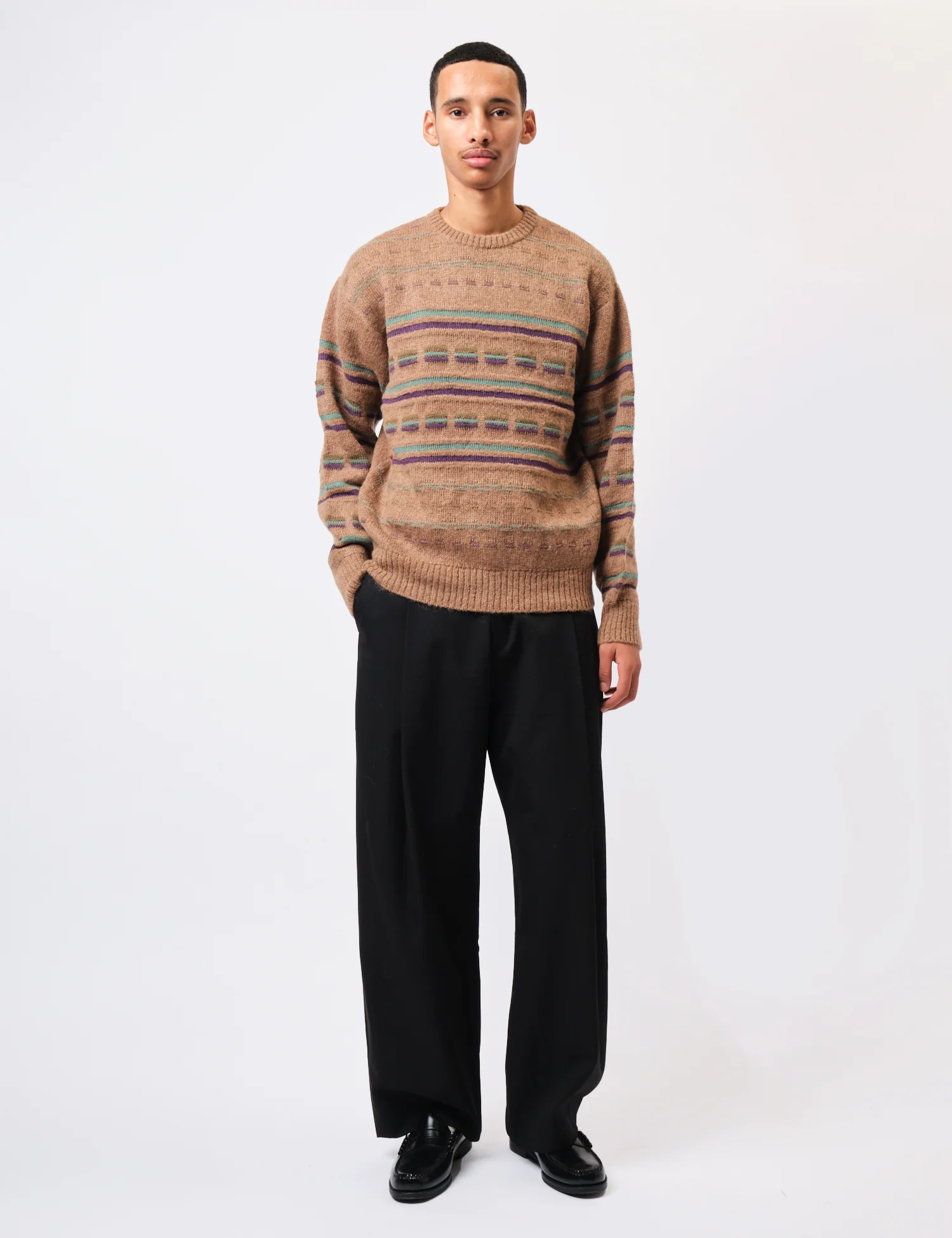 Beams Plus Jacquard Stripe Knitted Crew - Brown - Image 3