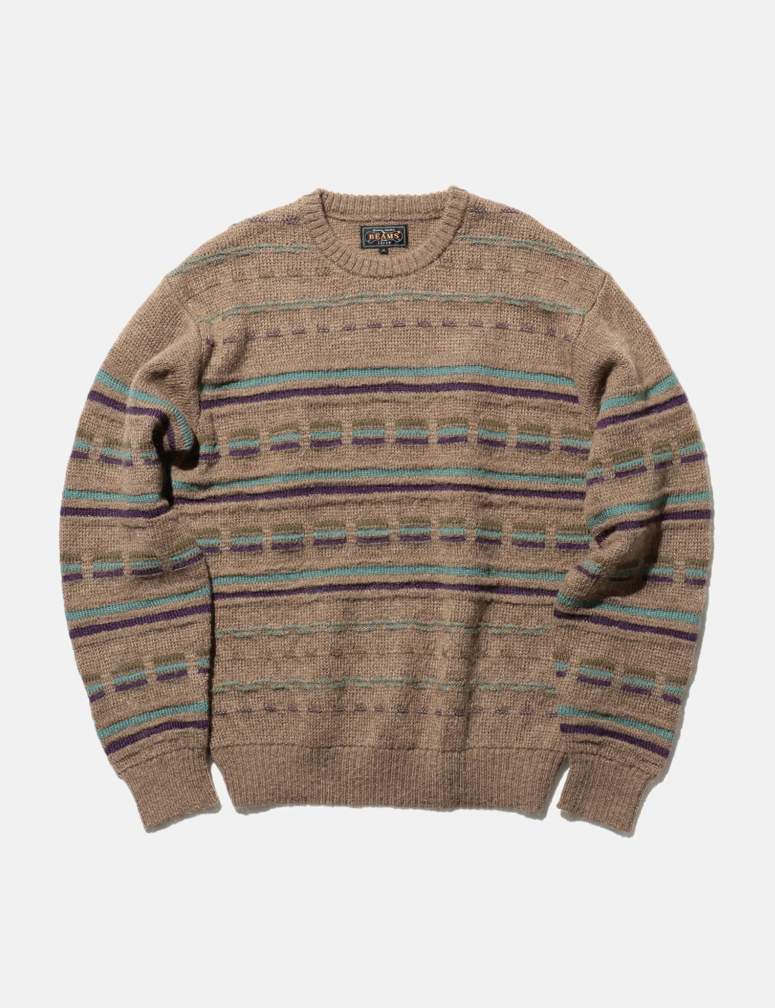 Beams Plus Jacquard Stripe Knitted Crew - Brown - Image 5