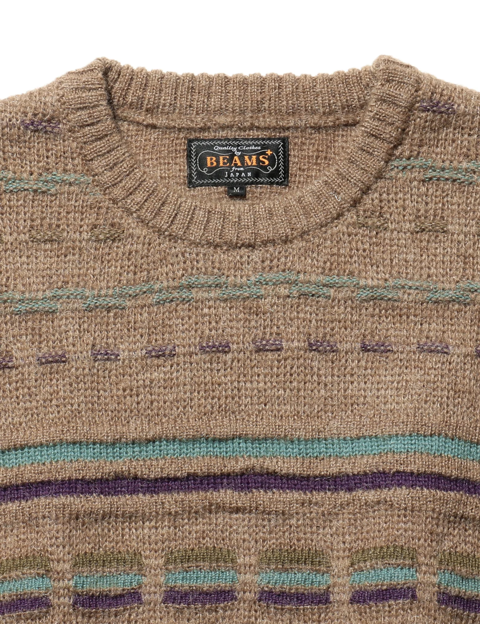 Beams Plus Jacquard Stripe Knitted Crew - Brown - Image 6