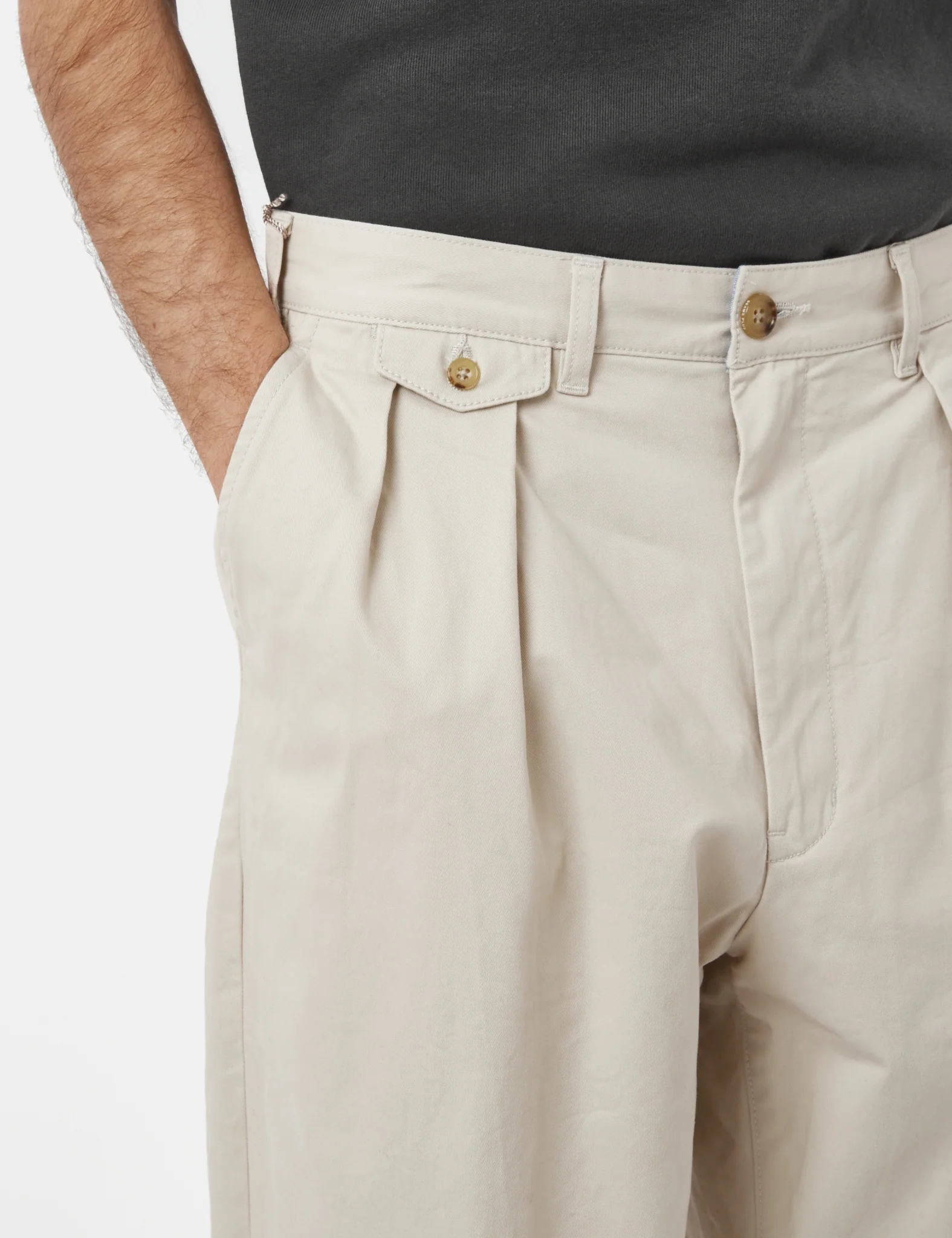 Beams Plus 2 Pleat Twill Trousers - Cement Grey - Image 2