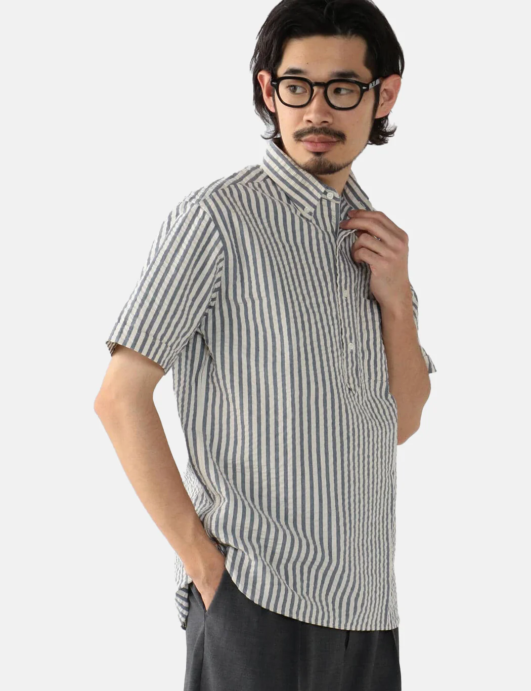 Beams Plus B.D Short Sleeve Pullover Shirt (Seersucker) - Indigo Blue - Image 5