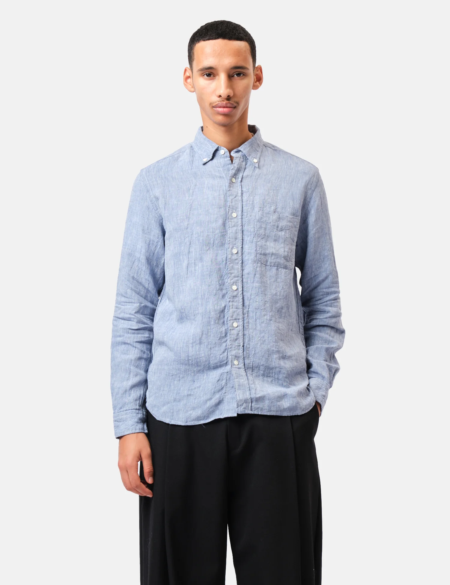 Beams Plus Button Down 1/40 Linen Chambray Shirt - Blue - Image 5