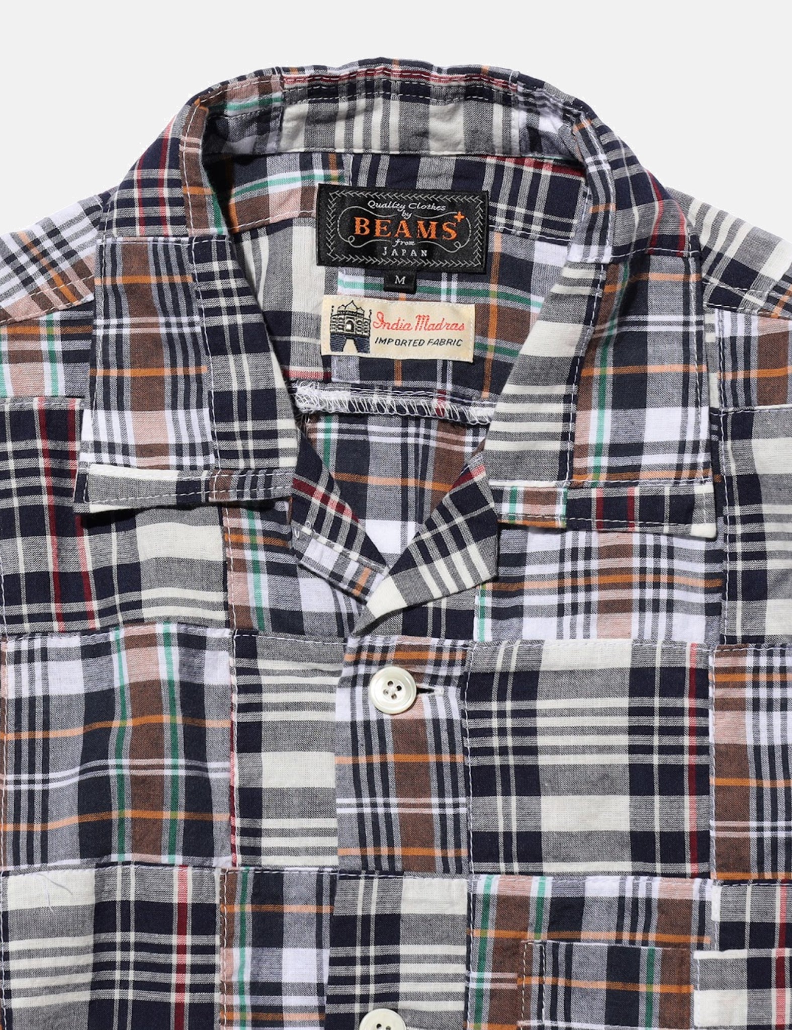 Beams Plus Cabana Boy-SHT Patchwork Madras Shirt - Navy Blue - Image 2