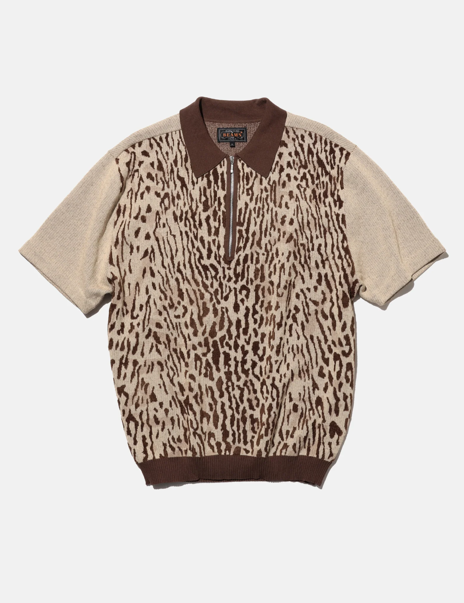 Beams Plus Half Zip Knit Polo (Giraffe Jacquard) - Beige