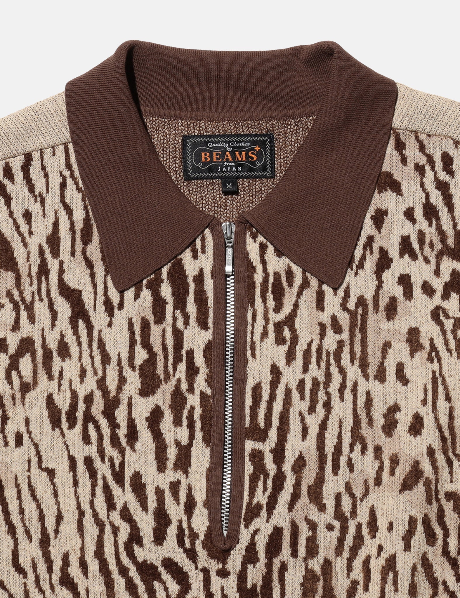 Beams Plus Half Zip Knit Polo (Giraffe Jacquard) - Beige - Image 2