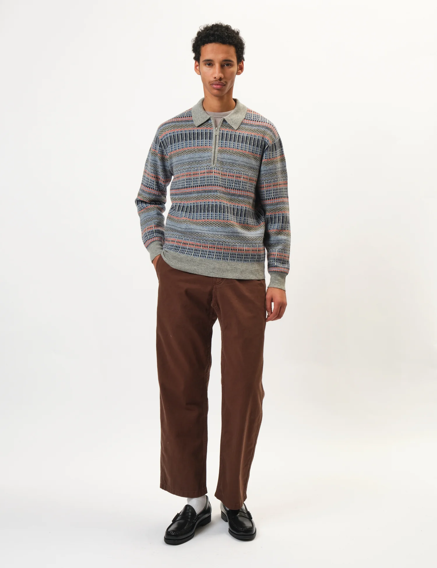 Beams Plus Half Zip Knitted Jacquard Polo - Grey - Image 3
