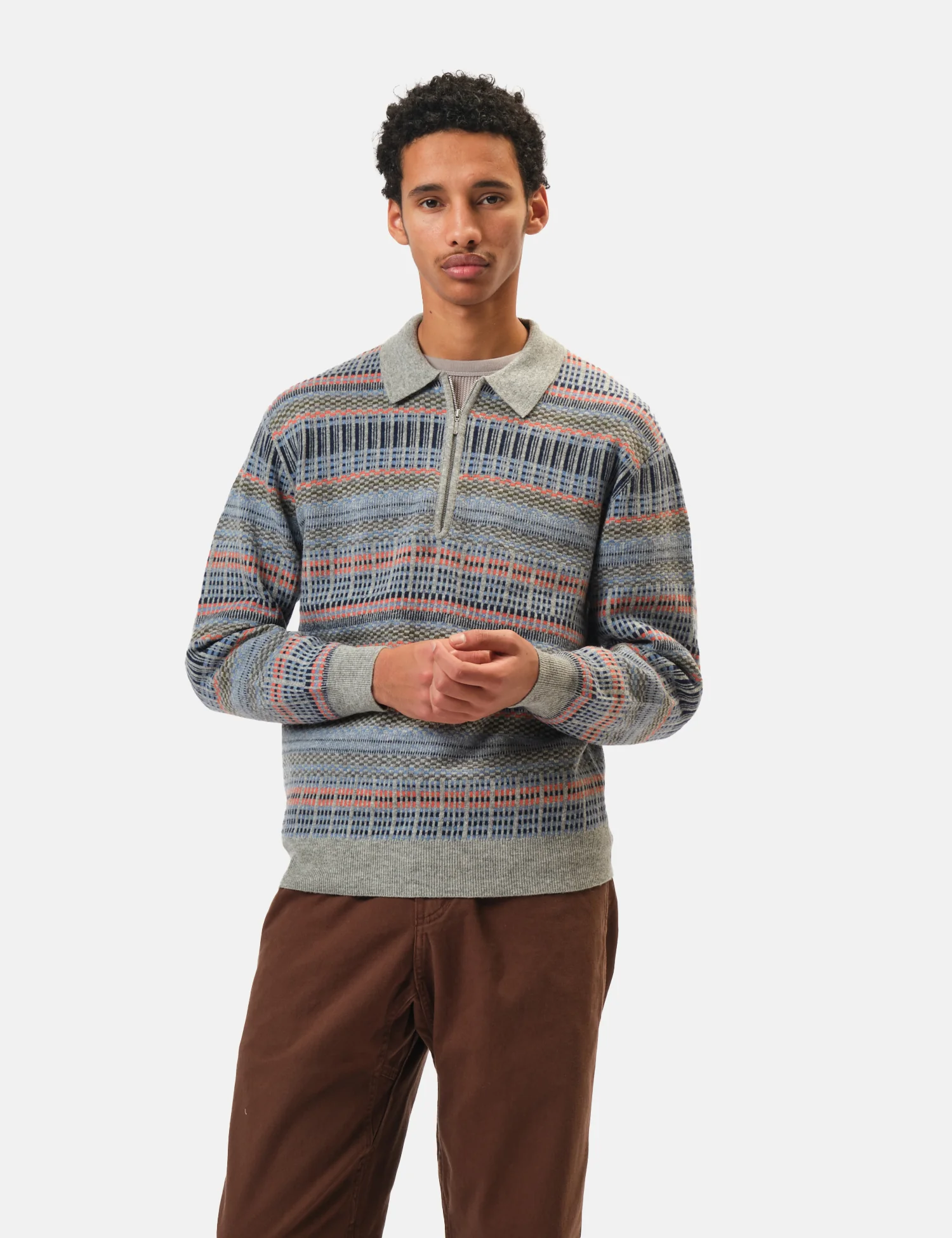 Beams Plus Half Zip Knitted Jacquard Polo - Grey - Image 4