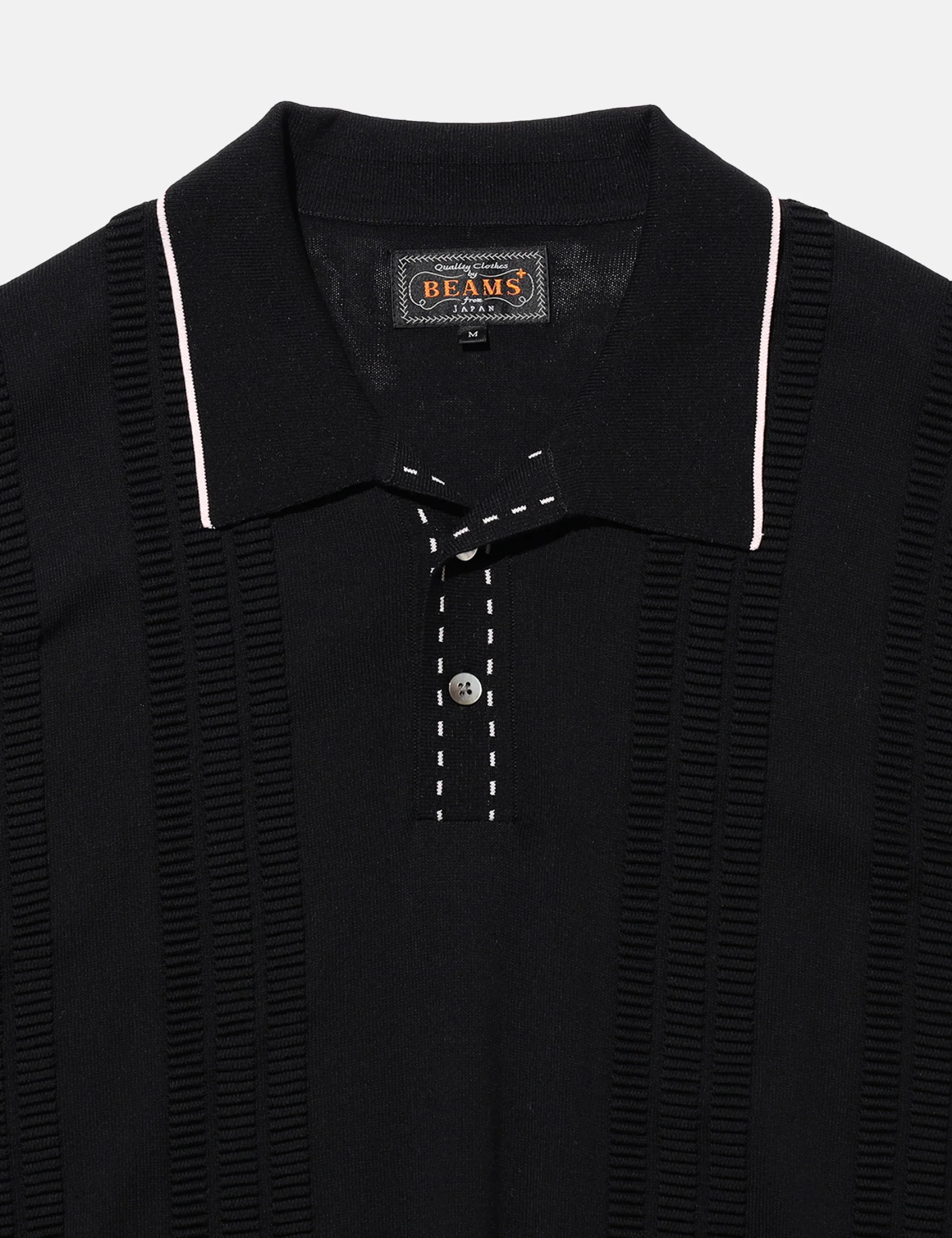Beams Plus Knit Polo (Jacquard Raised Pattern) - Black - Image 2