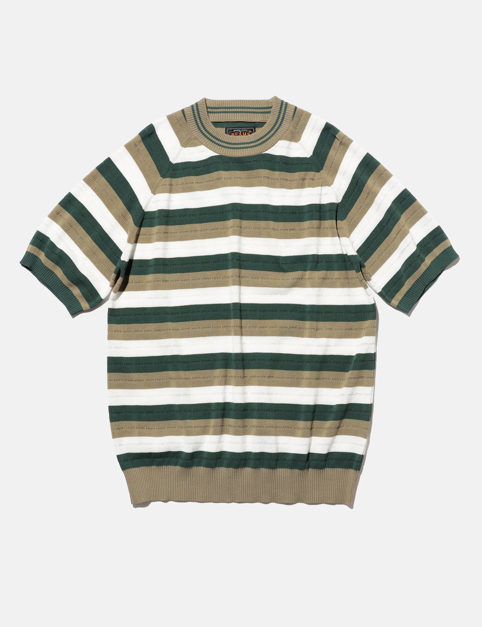 Beams Plus Knit Stripe T-Shirt - Olive Green