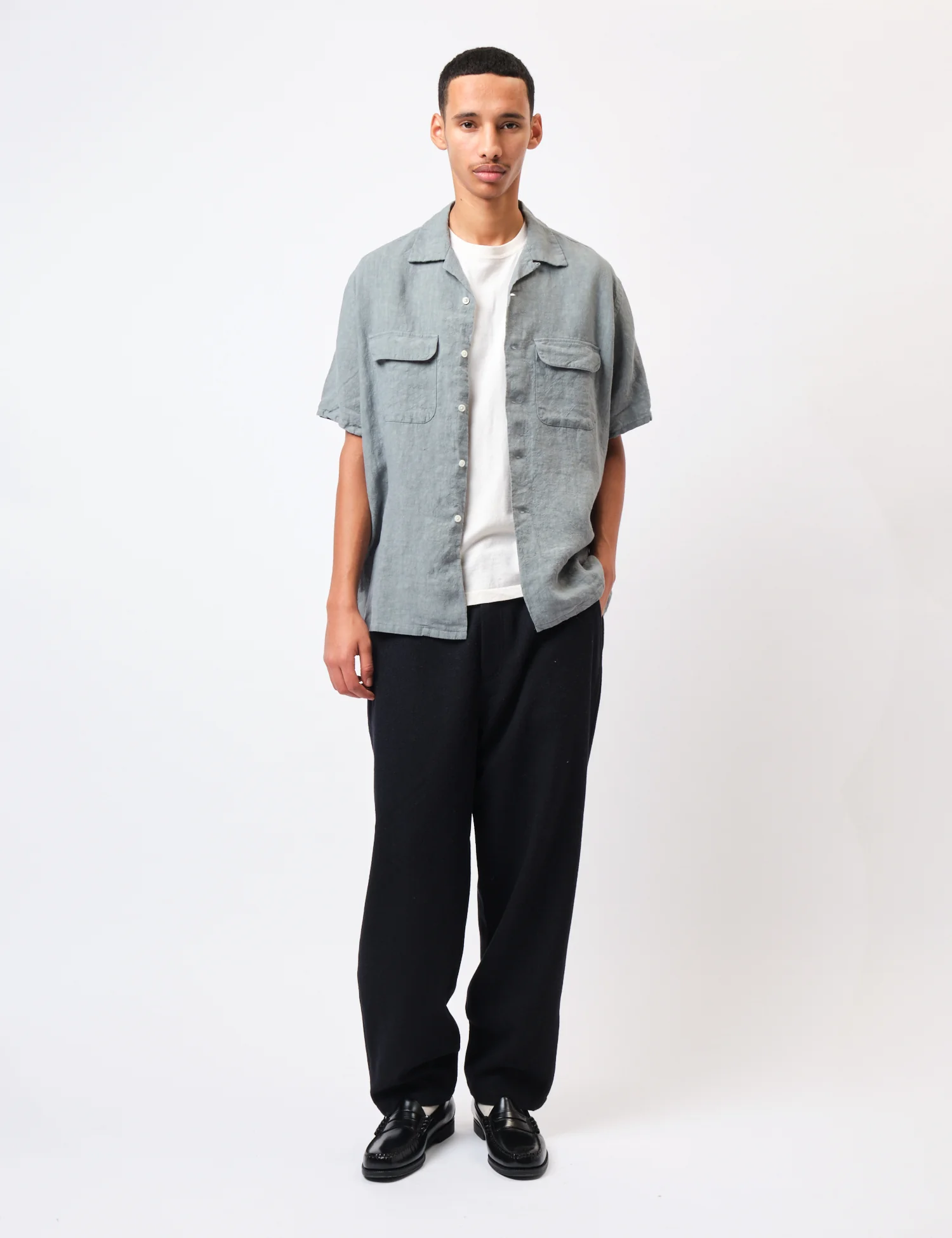 Beams Plus Open Collar 1/40 Linen Shirt - Sax Blue - Image 3