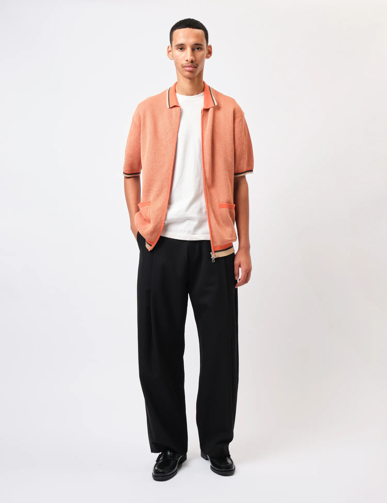 Beams Plus Zip Knit Polo Shirt - Orange - Image 3
