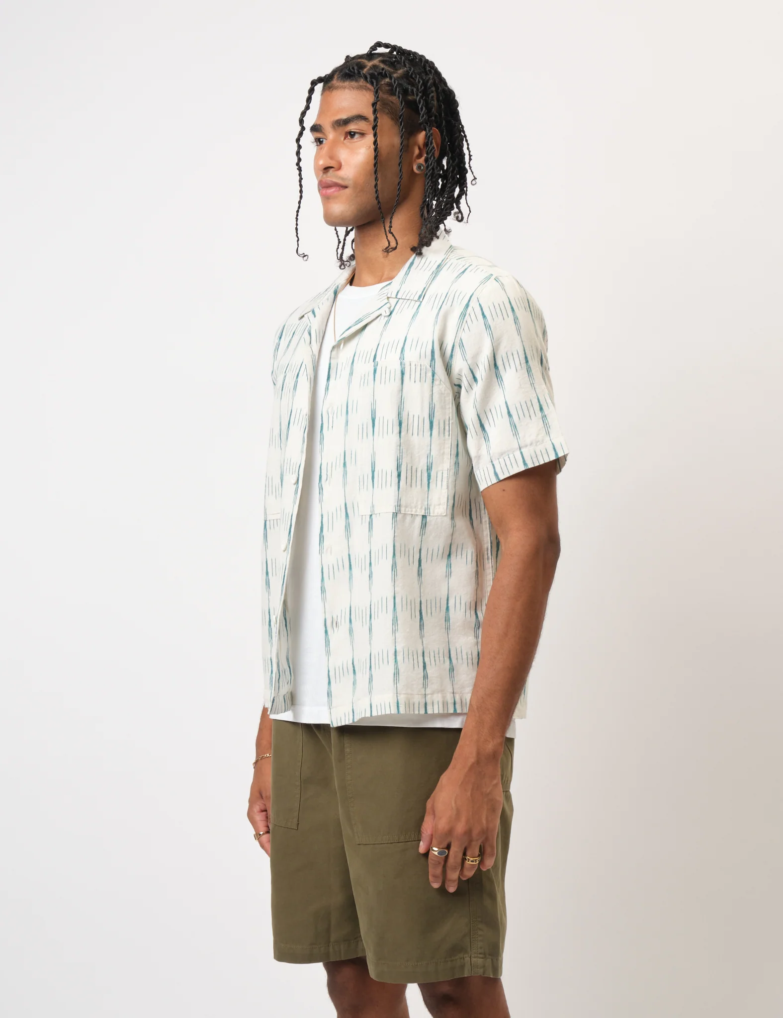 Bhode Ikat Short Sleeve Shirt (Hand Loom) - Ecru/Green - Image 4