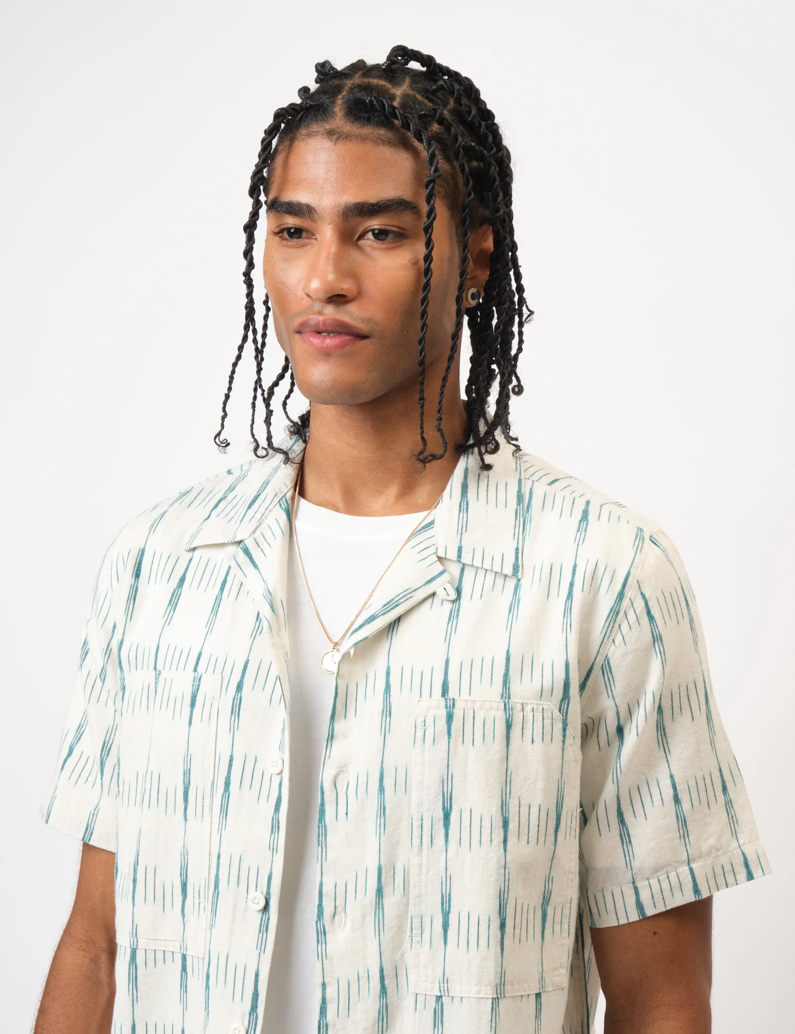 Bhode Ikat Short Sleeve Shirt (Hand Loom) - Ecru/Green - Image 5
