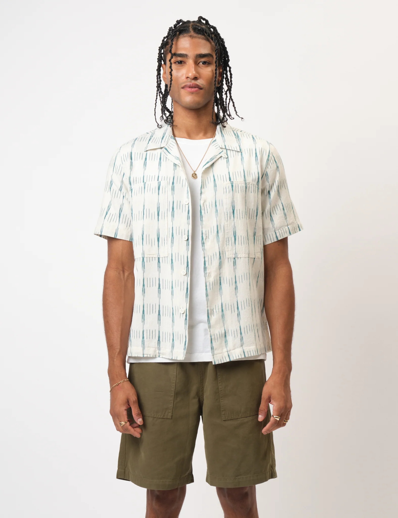 Bhode Ikat Short Sleeve Shirt (Hand Loom) - Ecru/Green - Image 6