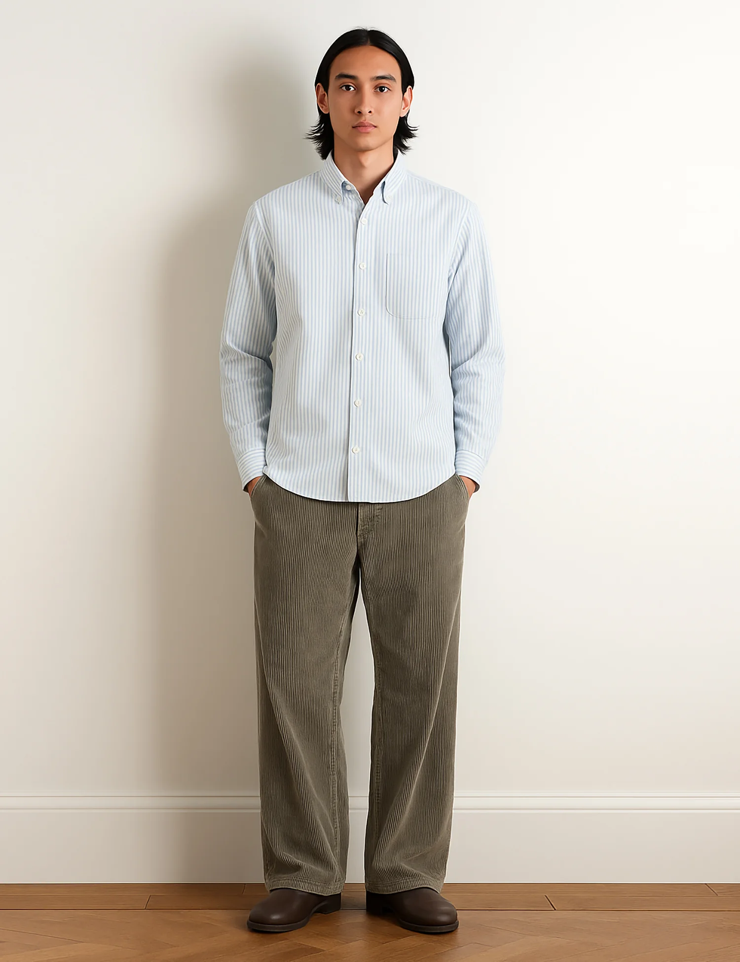 Bhode Oxford Stripe Shirt - White/Olive Green - Image 2