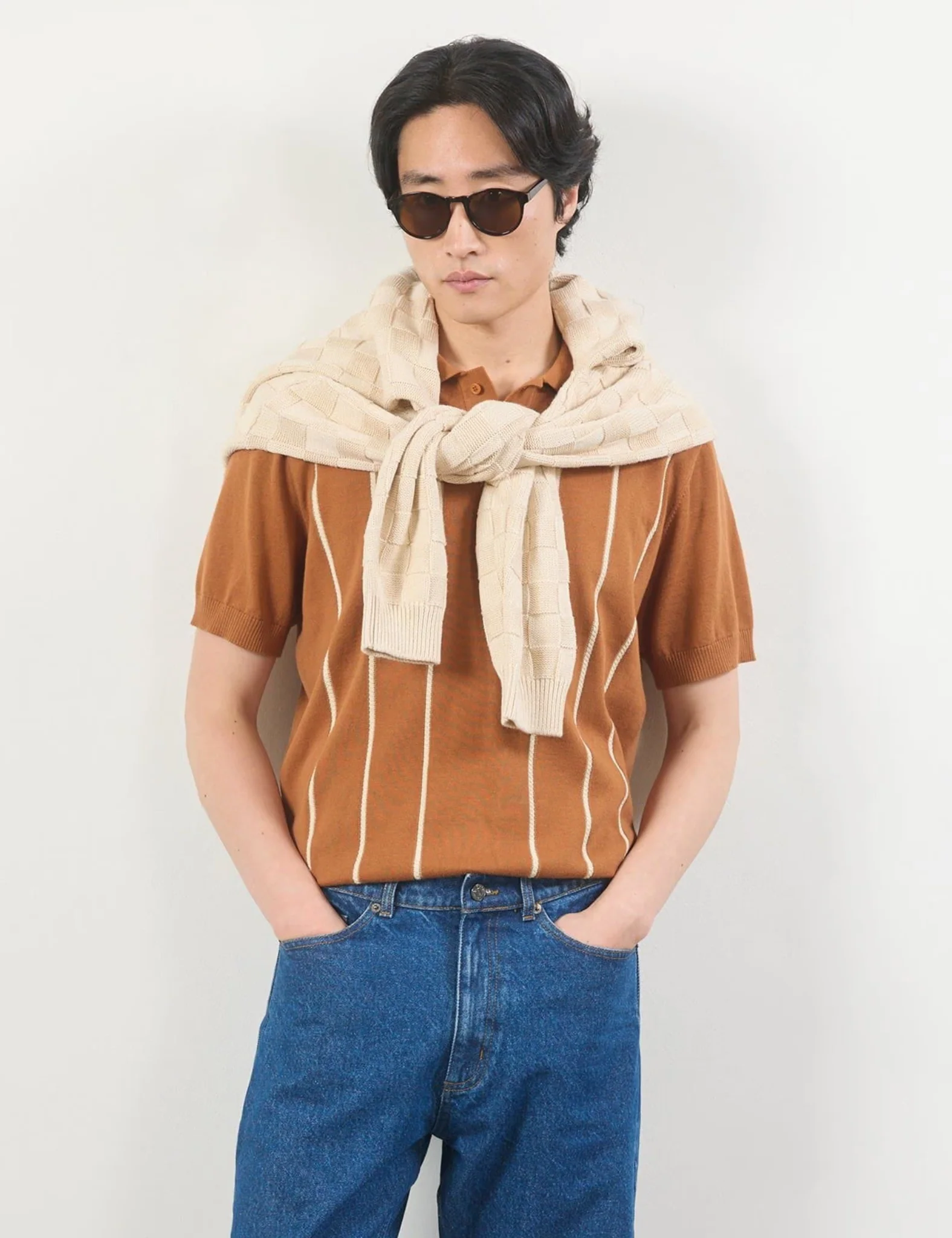 Percival Micro Cable Knitted Polo Cotton - Tobacco Brown - Image 3