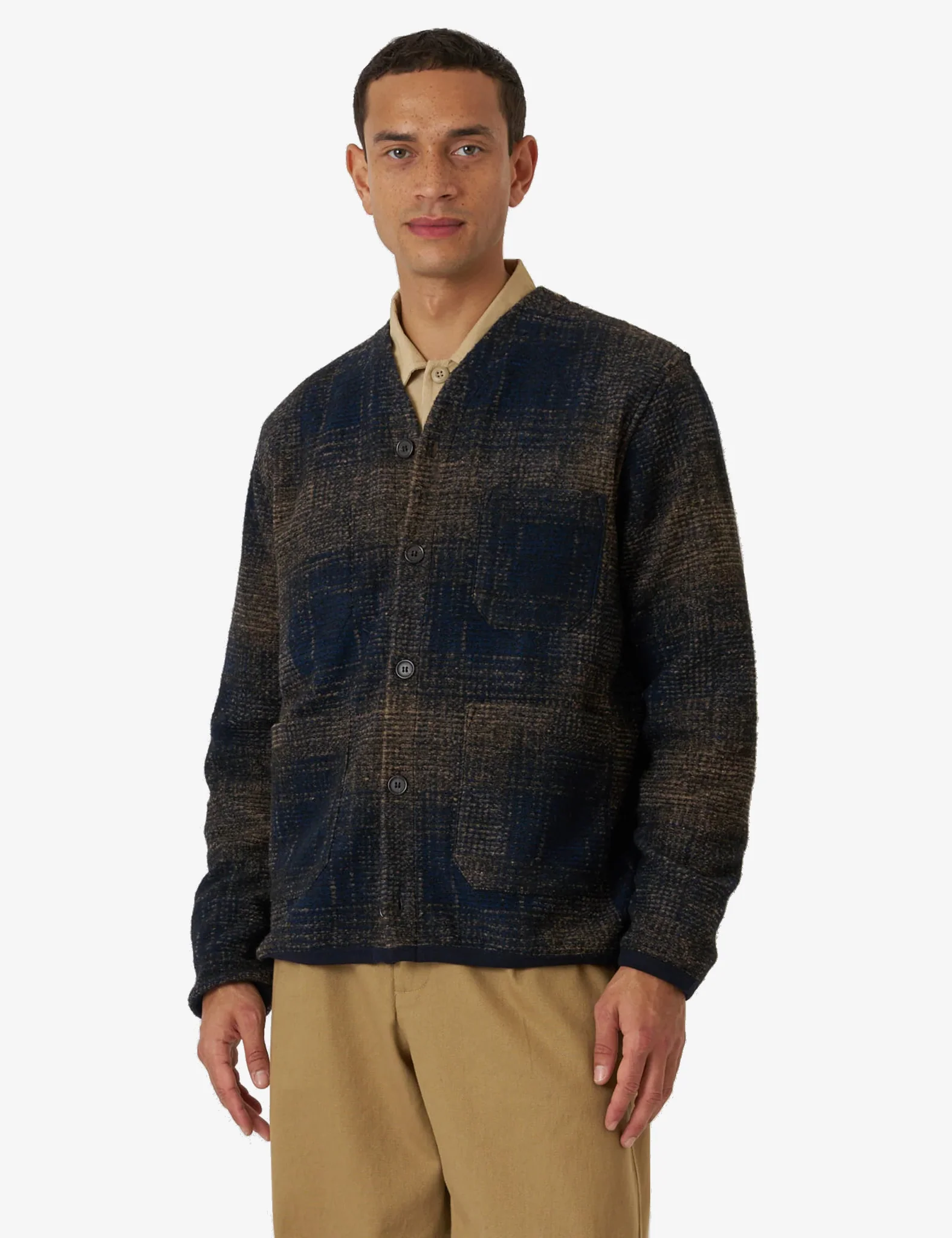 Universal Works Cardigan (Deca Check) - Navy Blue