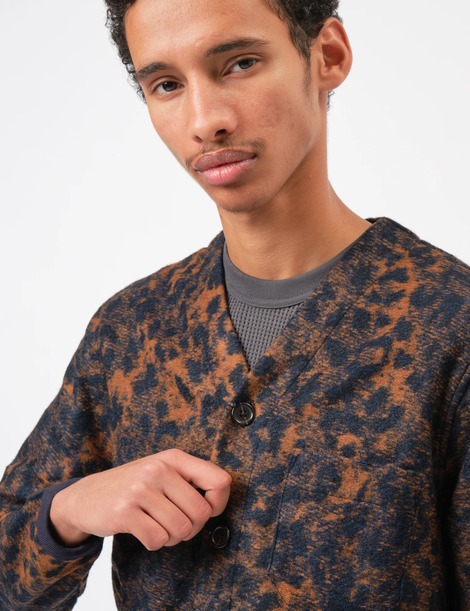Universal Works Cardigan (Night Leopard) - Dark Navy/Brown - Image 2