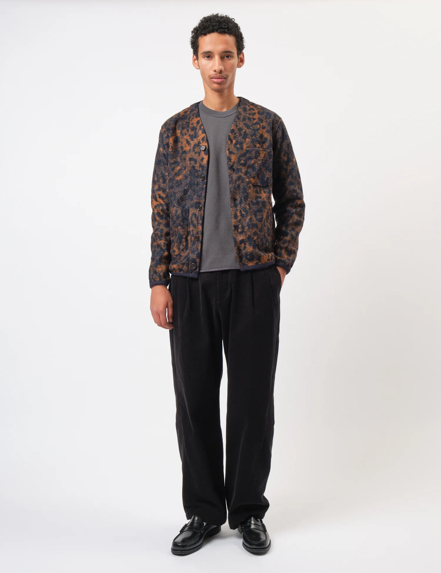 Universal Works Cardigan (Night Leopard) - Dark Navy/Brown - Image 3