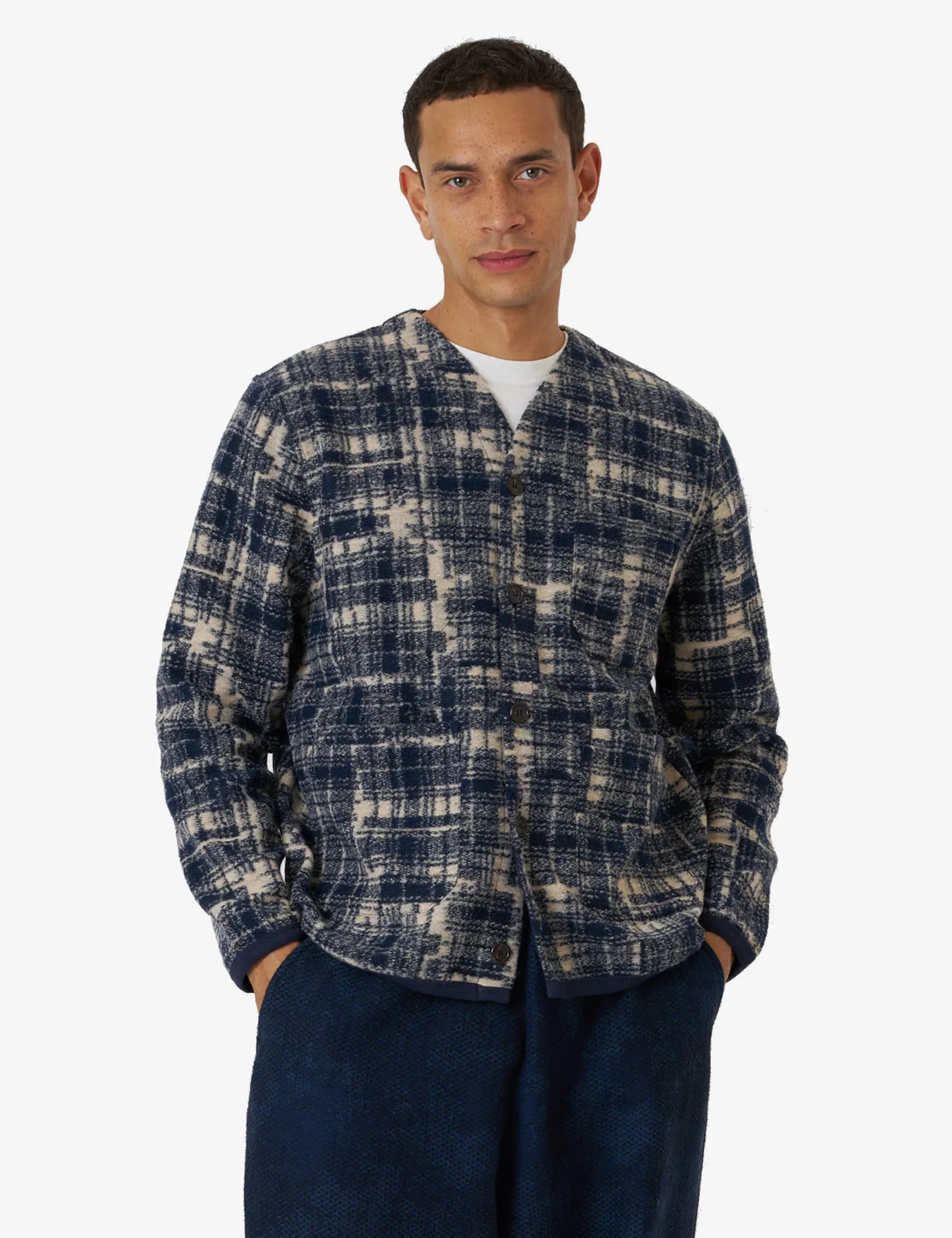 Universal Works Cardigan (Patch Check) - Navy Blue