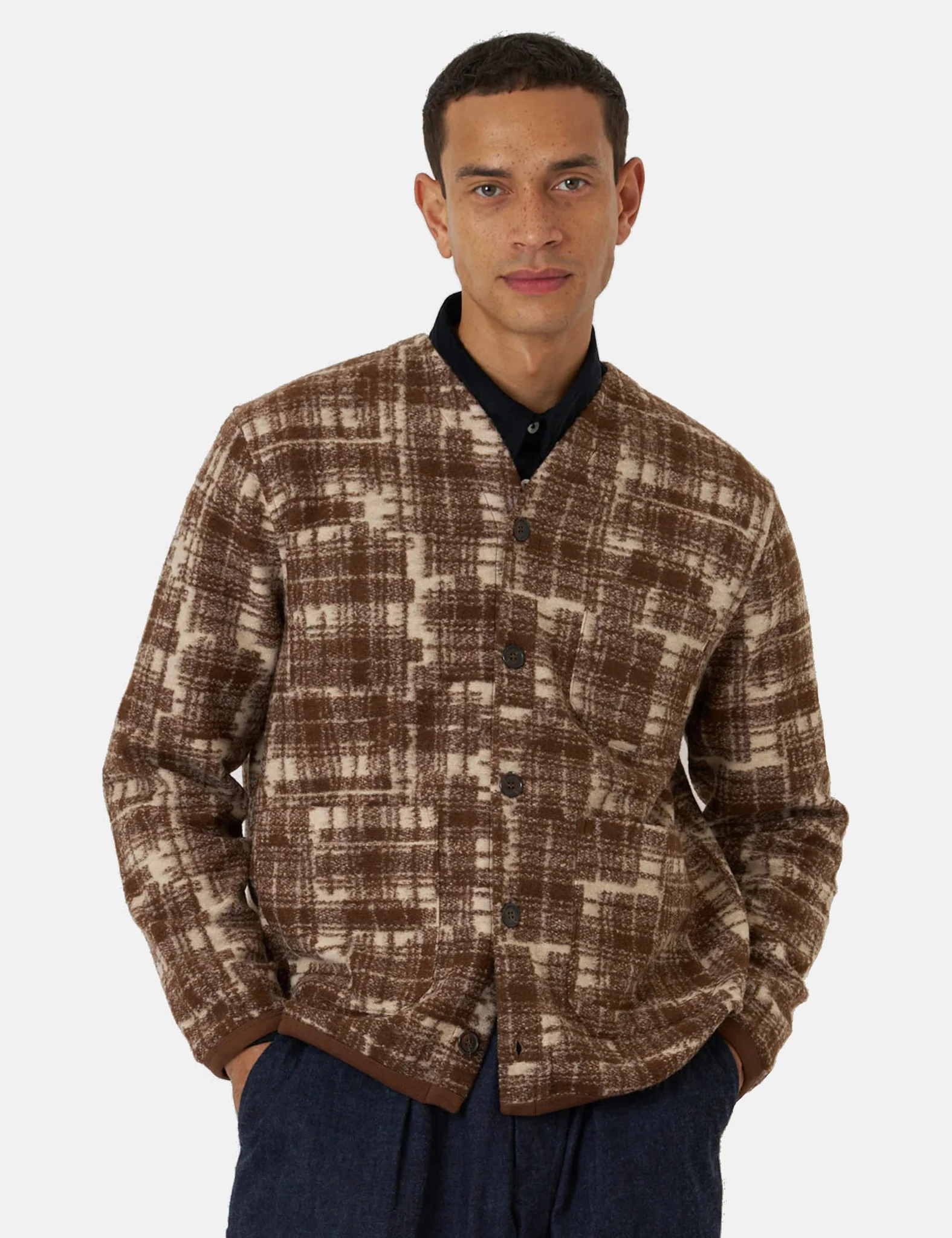 Universal Works Cardigan (Patch Check) - Sand