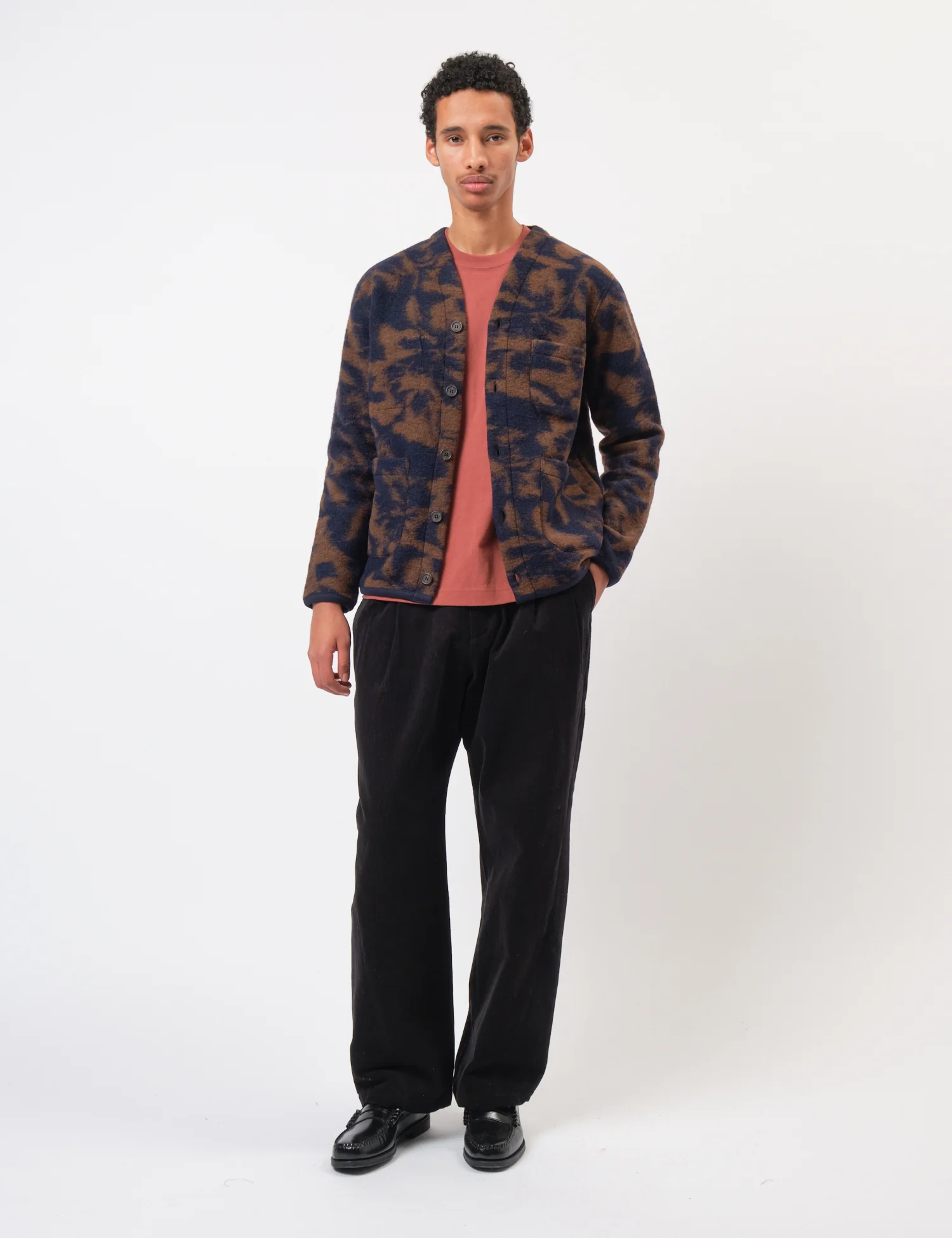 Universal Works Cardigan (Studio Fleece) - Navy/Brown - Image 3