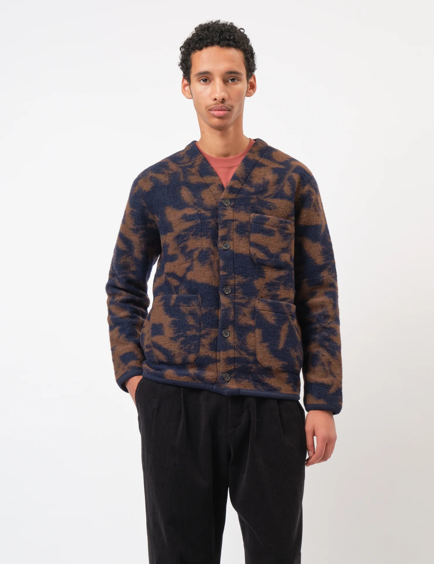 Universal Works Cardigan (Studio Fleece) - Navy/Brown - Image 5