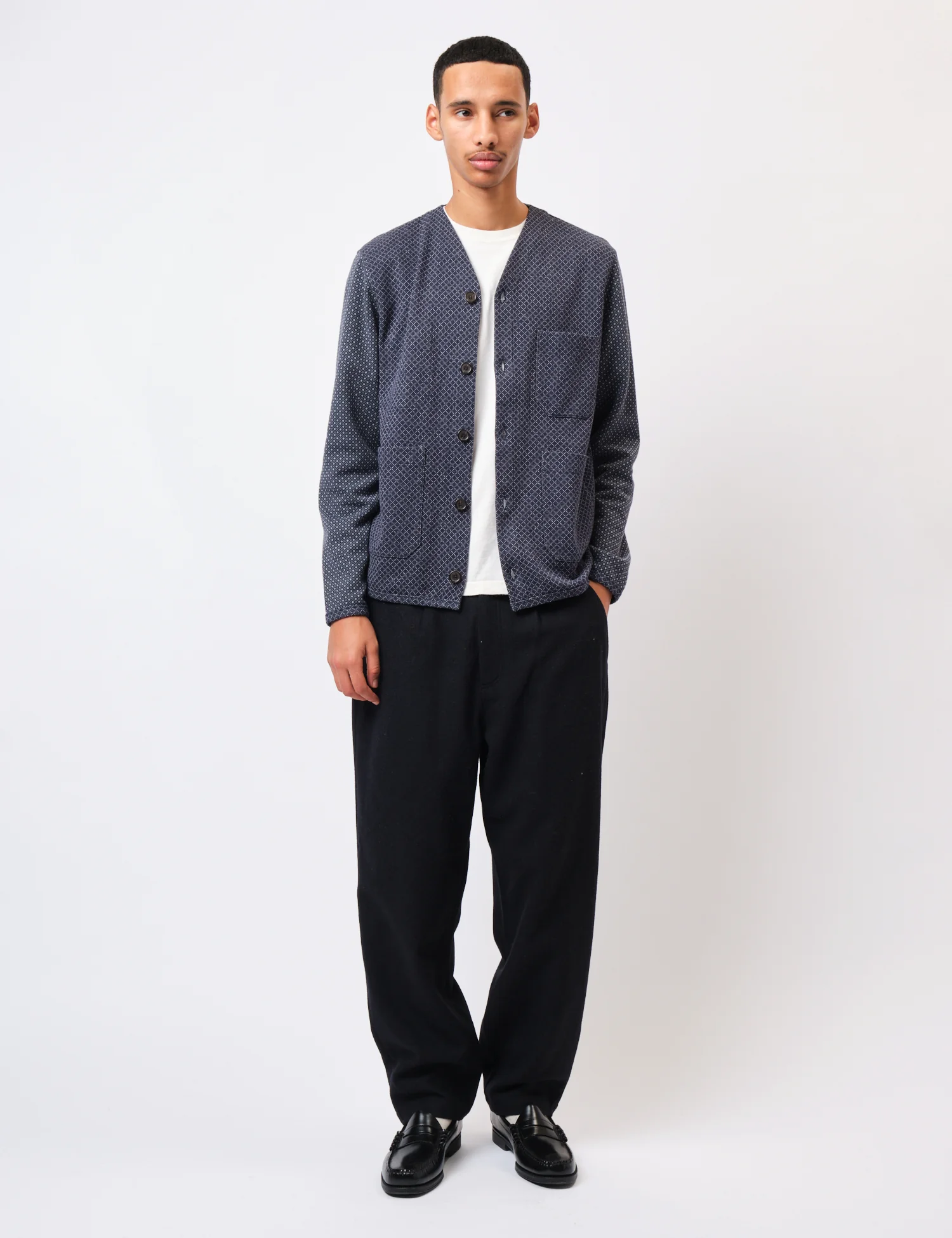 Universal Works Cotton Fleece Cardigan - Navy Blue - Image 3