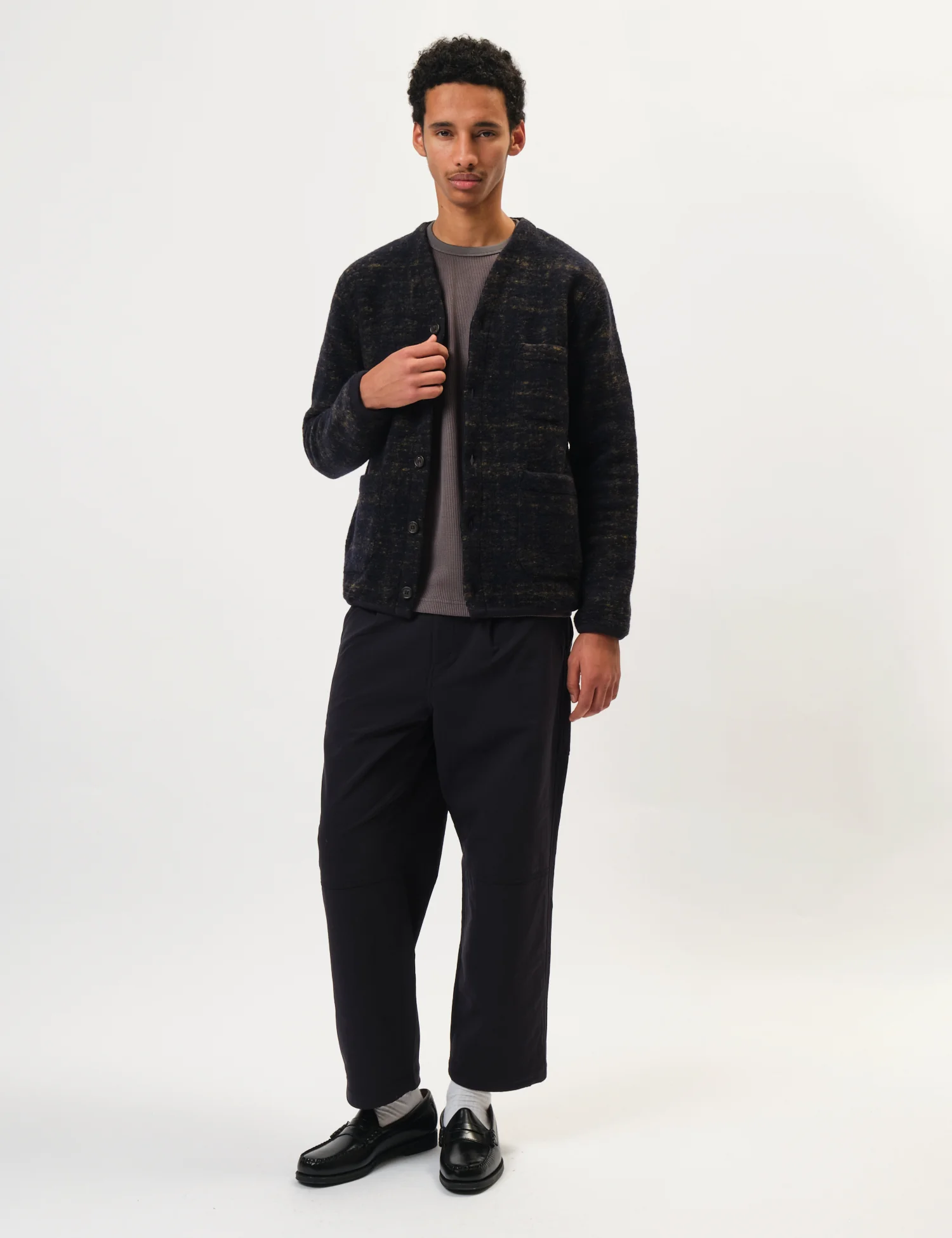Universal Works Marble Fleece Cardigan - Navy Blue - Image 3