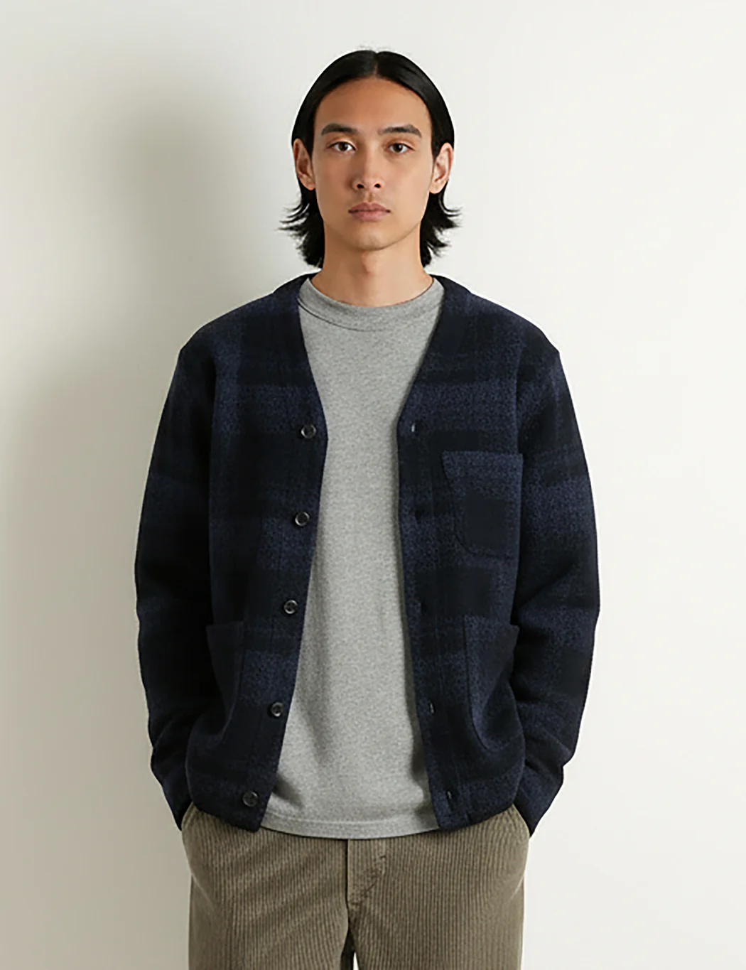 Universal Works Mohair Check Cardigan - Navy Blue