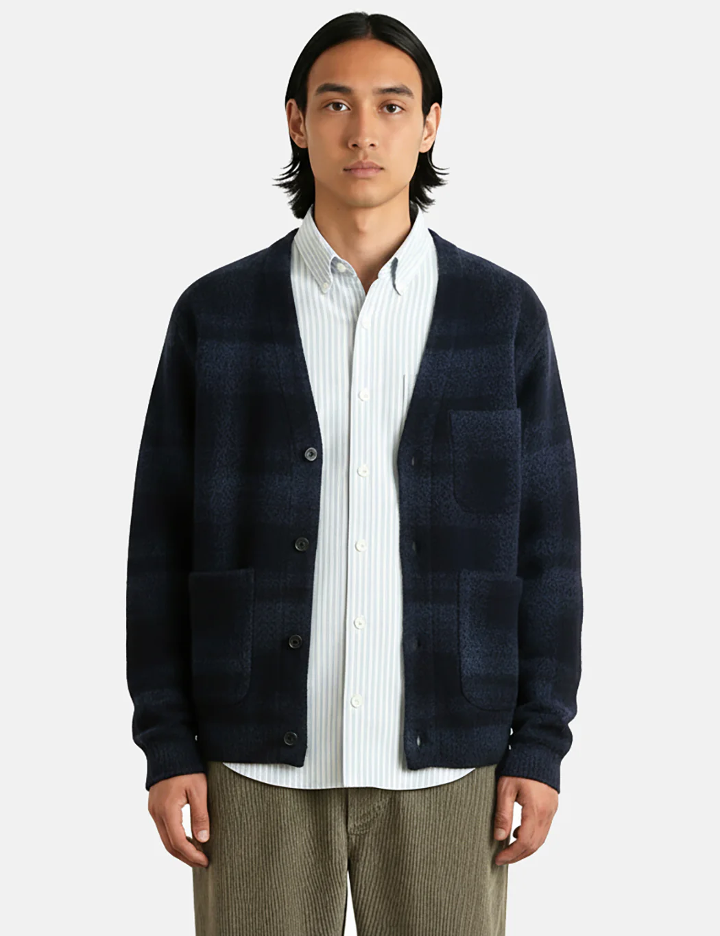Universal Works Mohair Check Cardigan - Navy Blue - Image 3