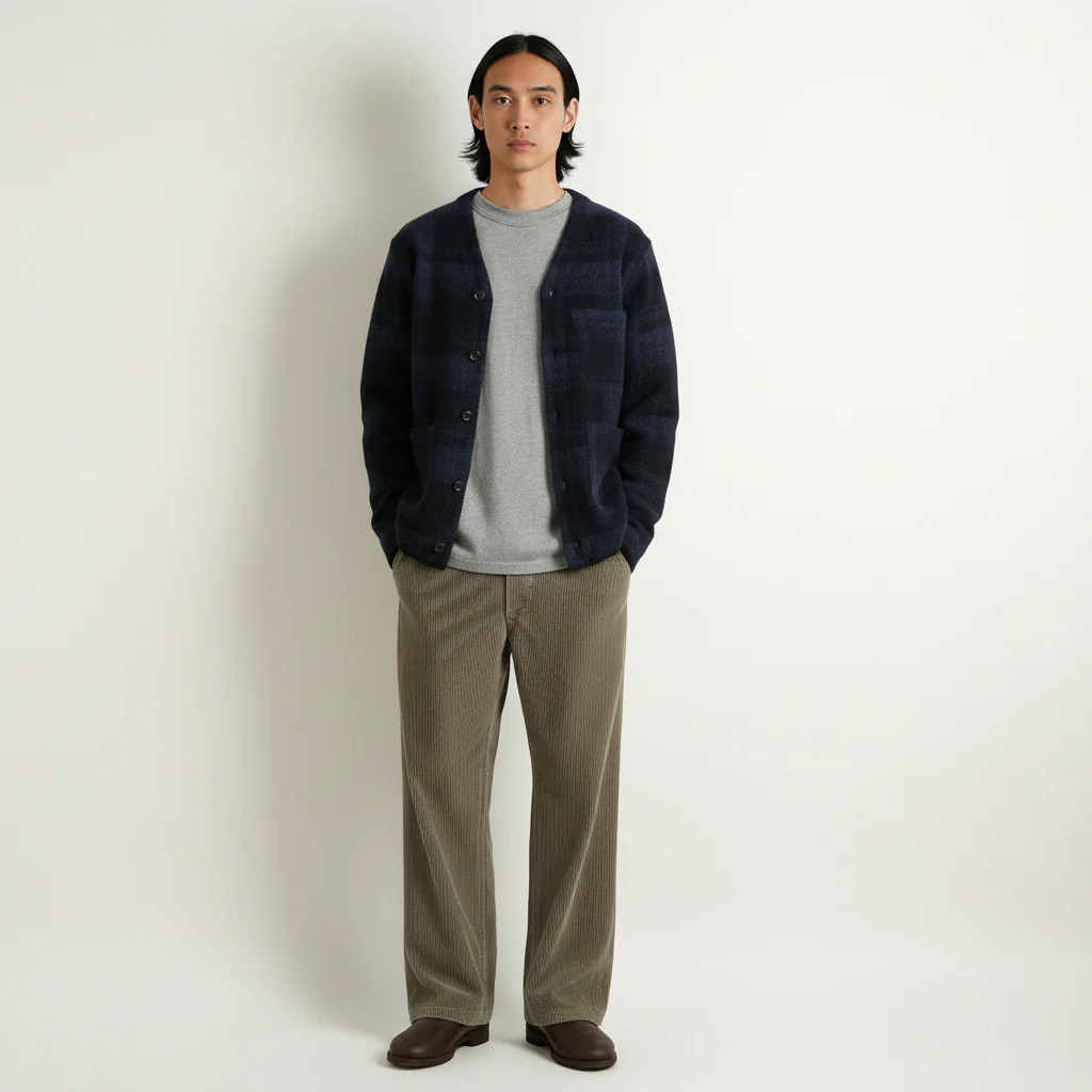 Universal Works Mohair Check Cardigan - Navy Blue - Image 4