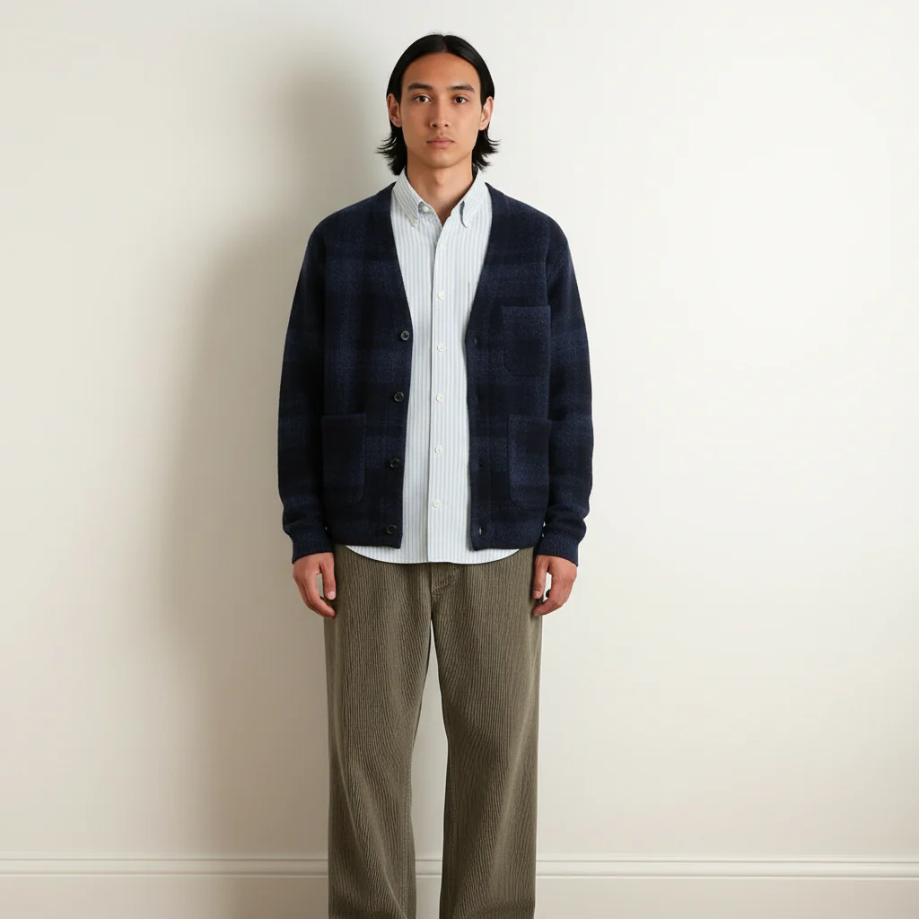 Universal Works Mohair Check Cardigan - Navy Blue - Image 5