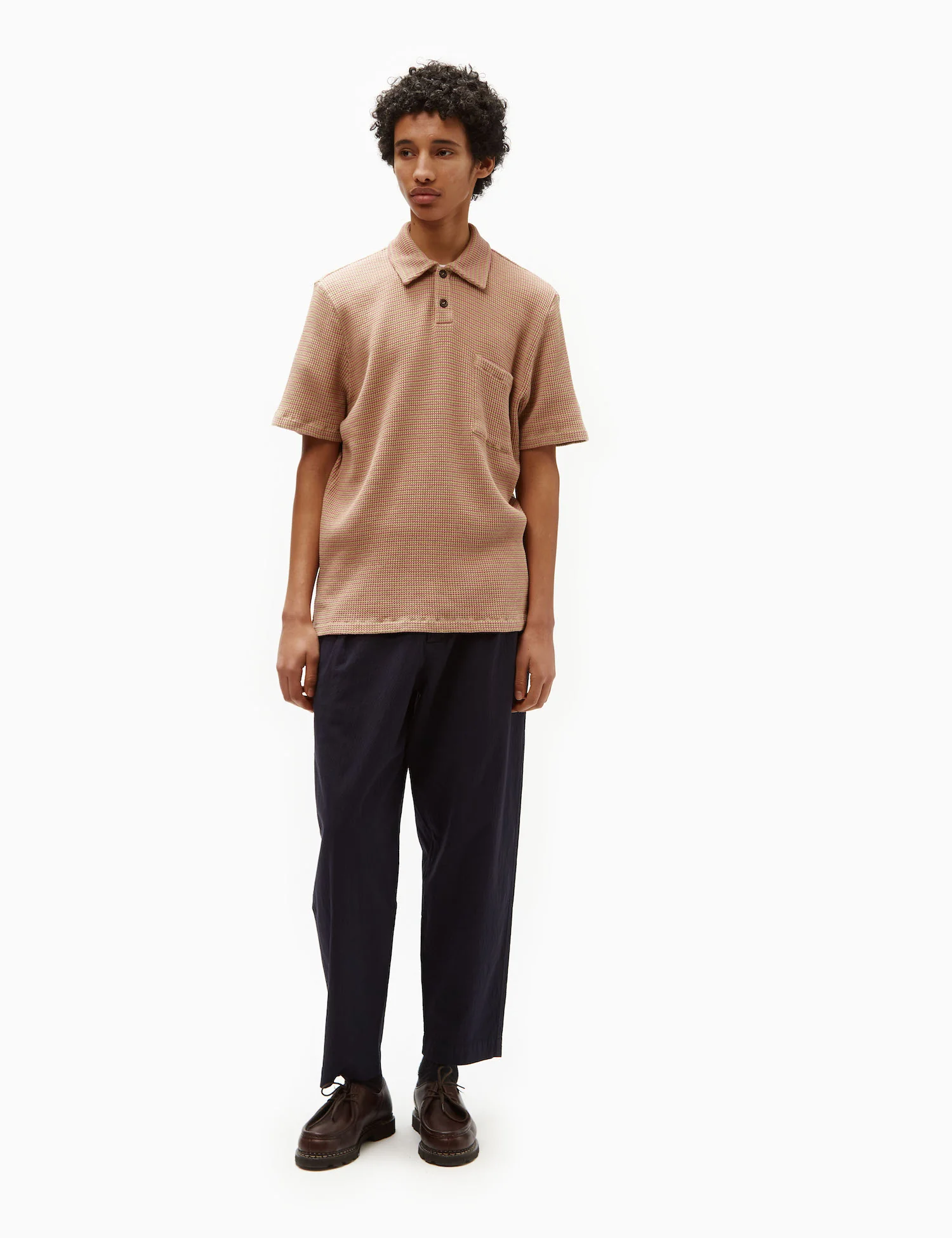 Universal Works Newlyn Fluro Polo Shirt - Summer Oak/Pink - Image 3