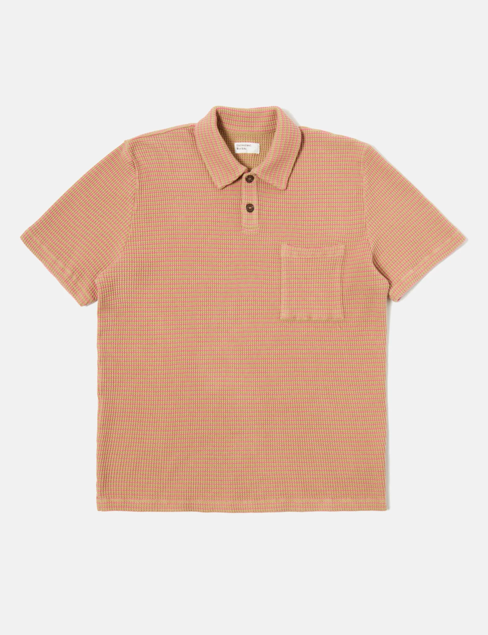 Universal Works Newlyn Fluro Polo Shirt - Summer Oak/Pink - Image 5