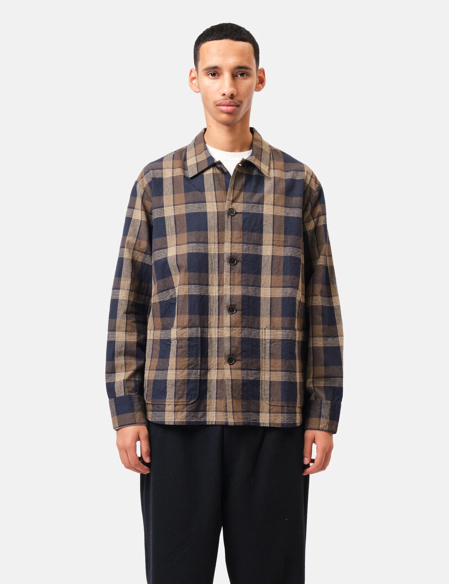 Universal Works Travail Overshirt (Lincot Big Check) - Navy Blue/Brown