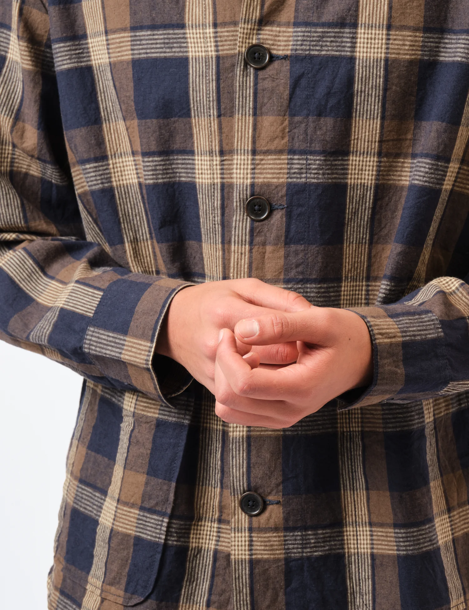 Universal Works Travail Overshirt (Lincot Big Check) - Navy Blue/Brown - Image 2