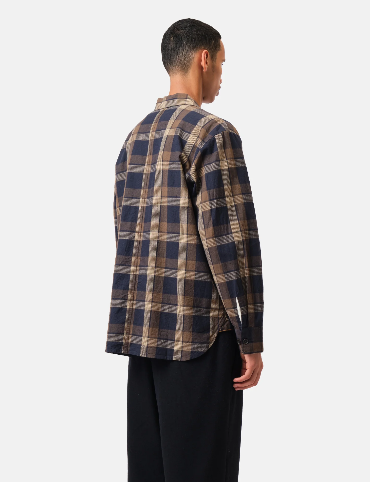 Universal Works Travail Overshirt (Lincot Big Check) - Navy Blue/Brown - Image 5