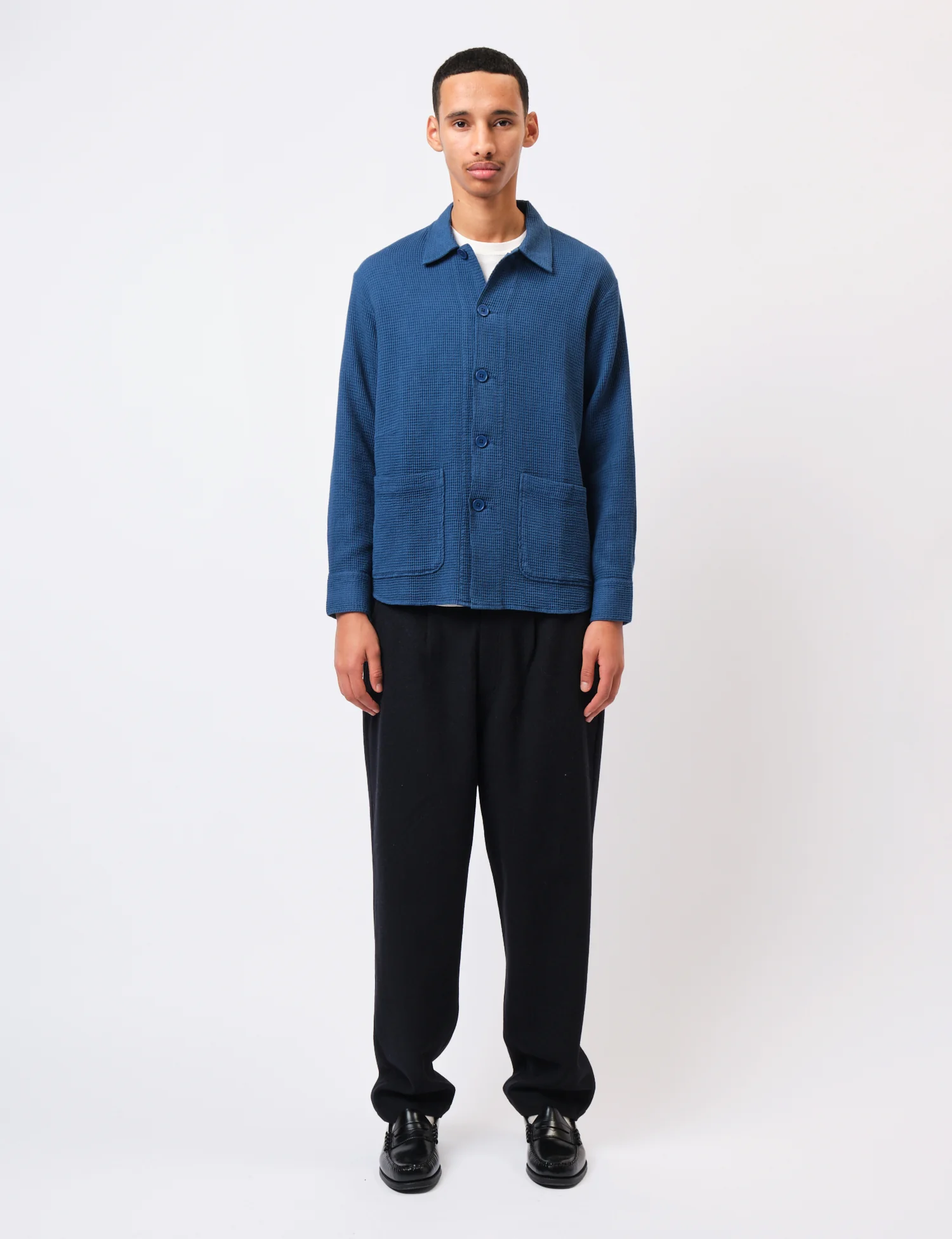 Universal Works Travail Overshirt (Nippon Waffle) - Navy Blue - Image 3