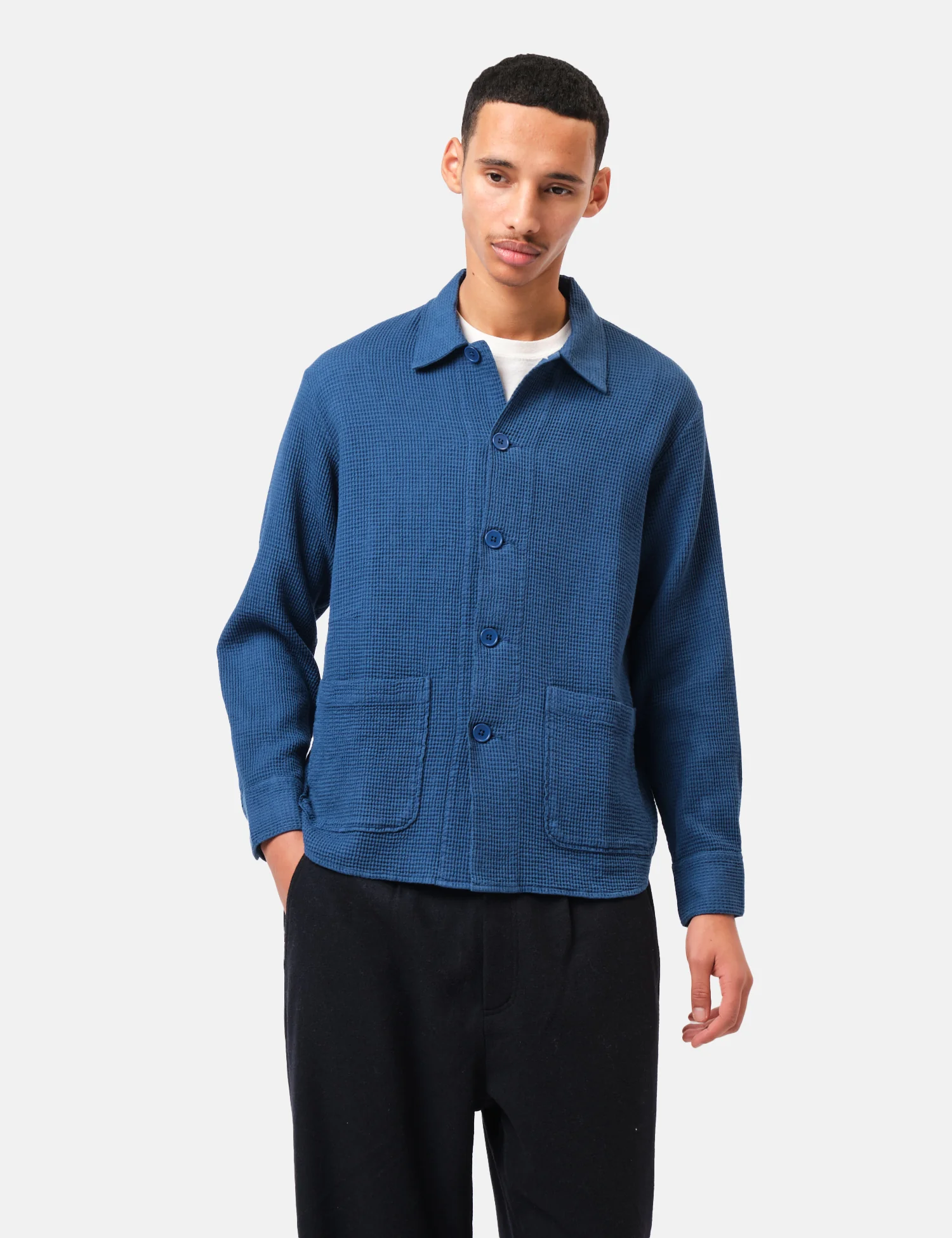 Universal Works Travail Overshirt (Nippon Waffle) - Navy Blue - Image 5