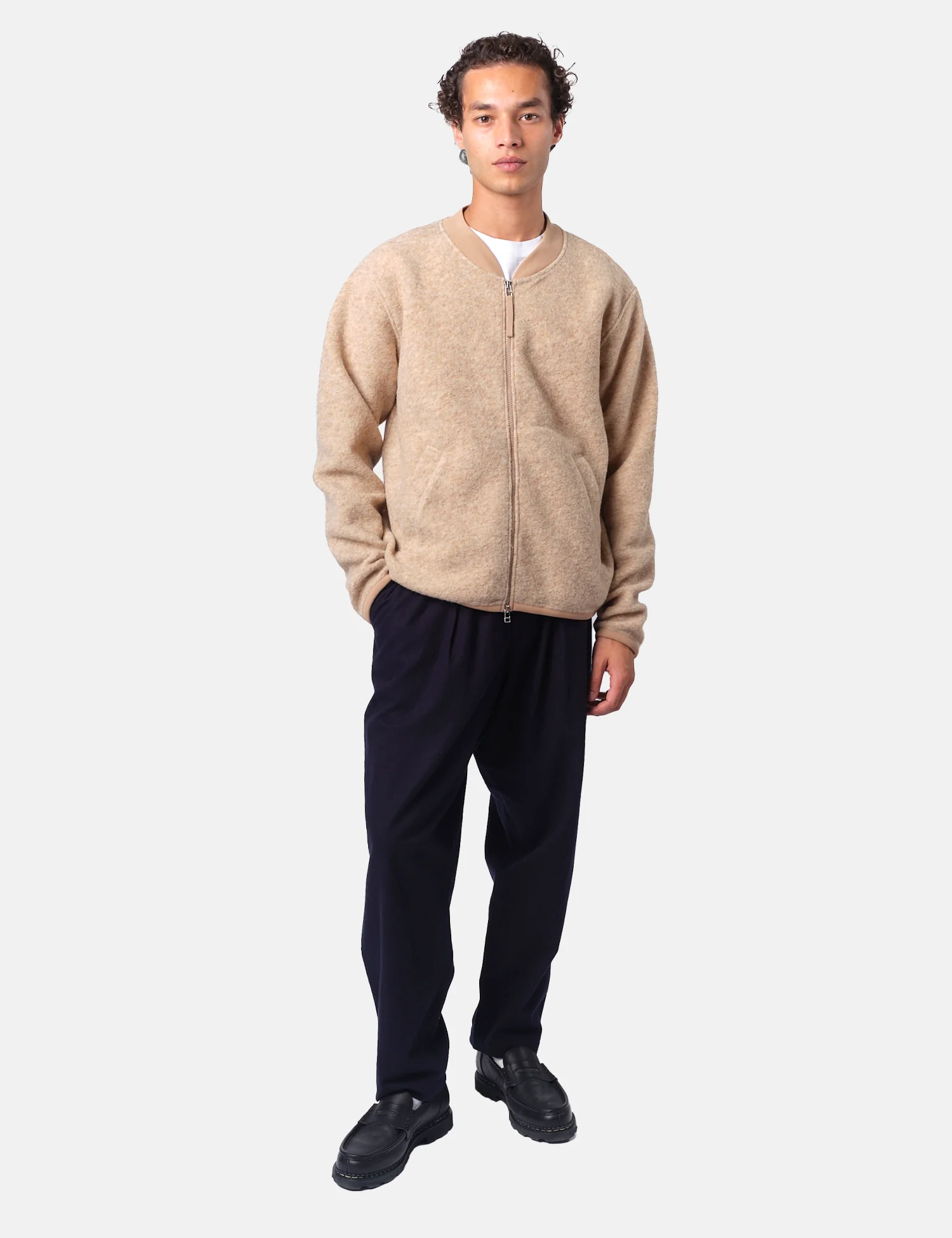 Universal Works Zip Bomber Jacket (Wool Fleece) - Fawn - Image 3