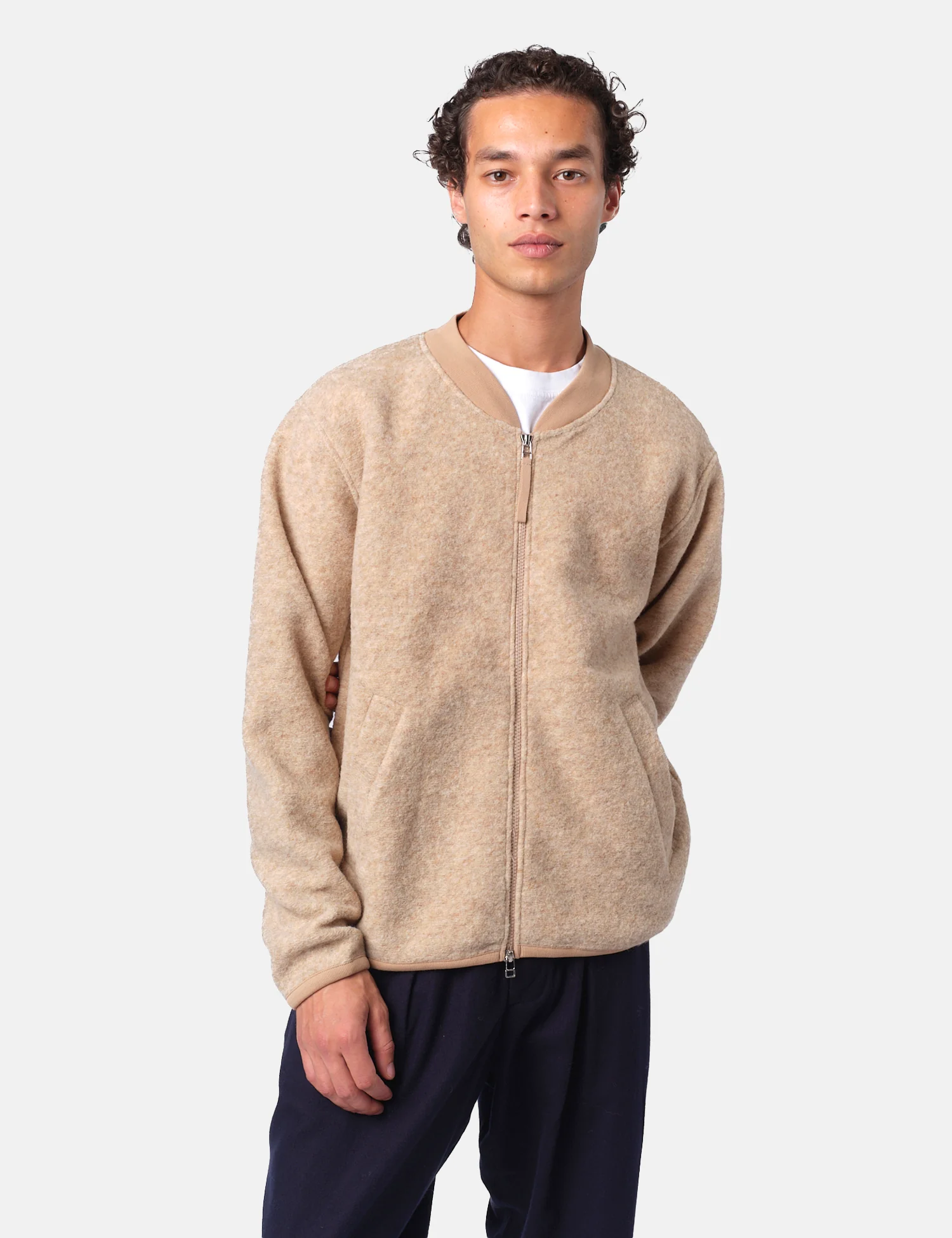 Universal Works Zip Bomber Jacket (Wool Fleece) - Fawn - Image 5