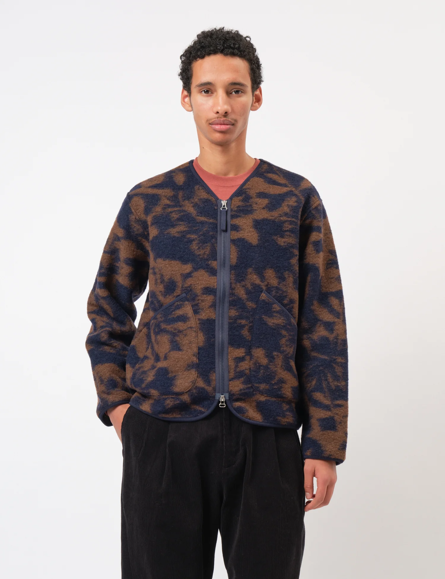Universal Works Zip Liner Jacket (Studio Fleece) - Navy/Brown