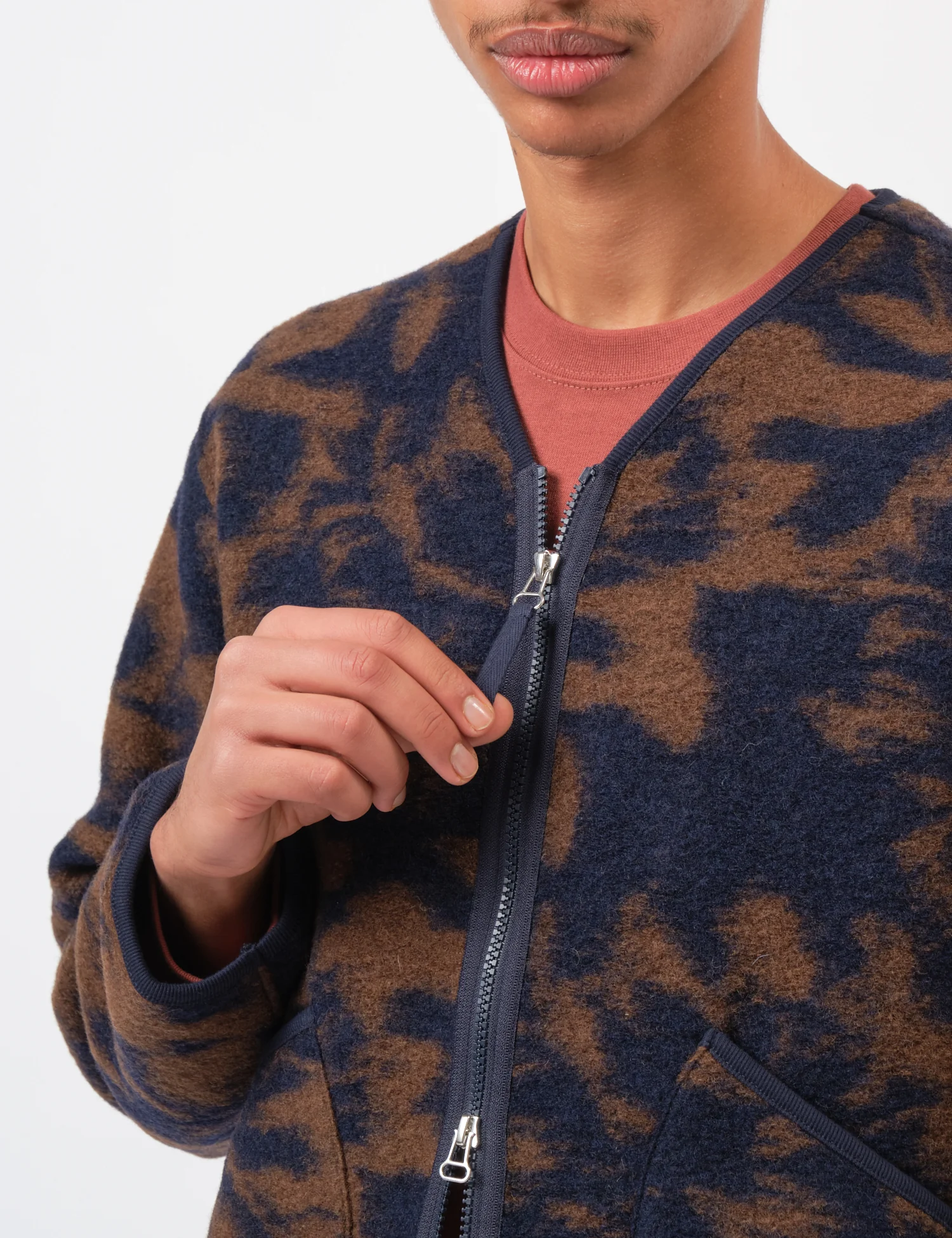 Universal Works Zip Liner Jacket (Studio Fleece) - Navy/Brown - Image 2