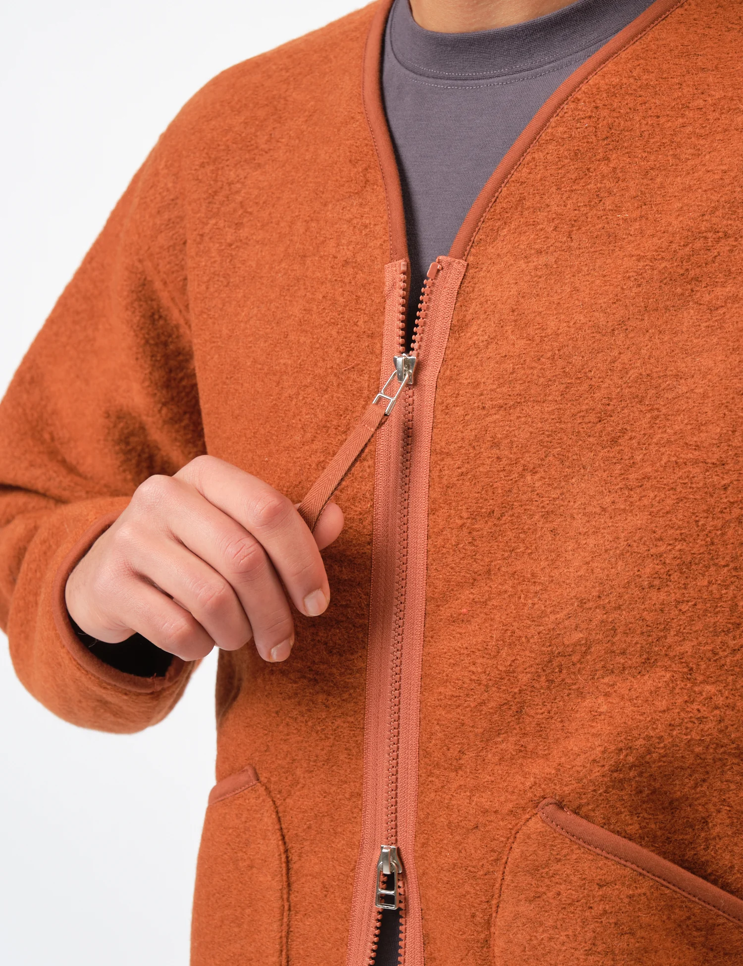 Universal Works Zip Liner Jacket (Wool Fleece) - Rust - Image 2