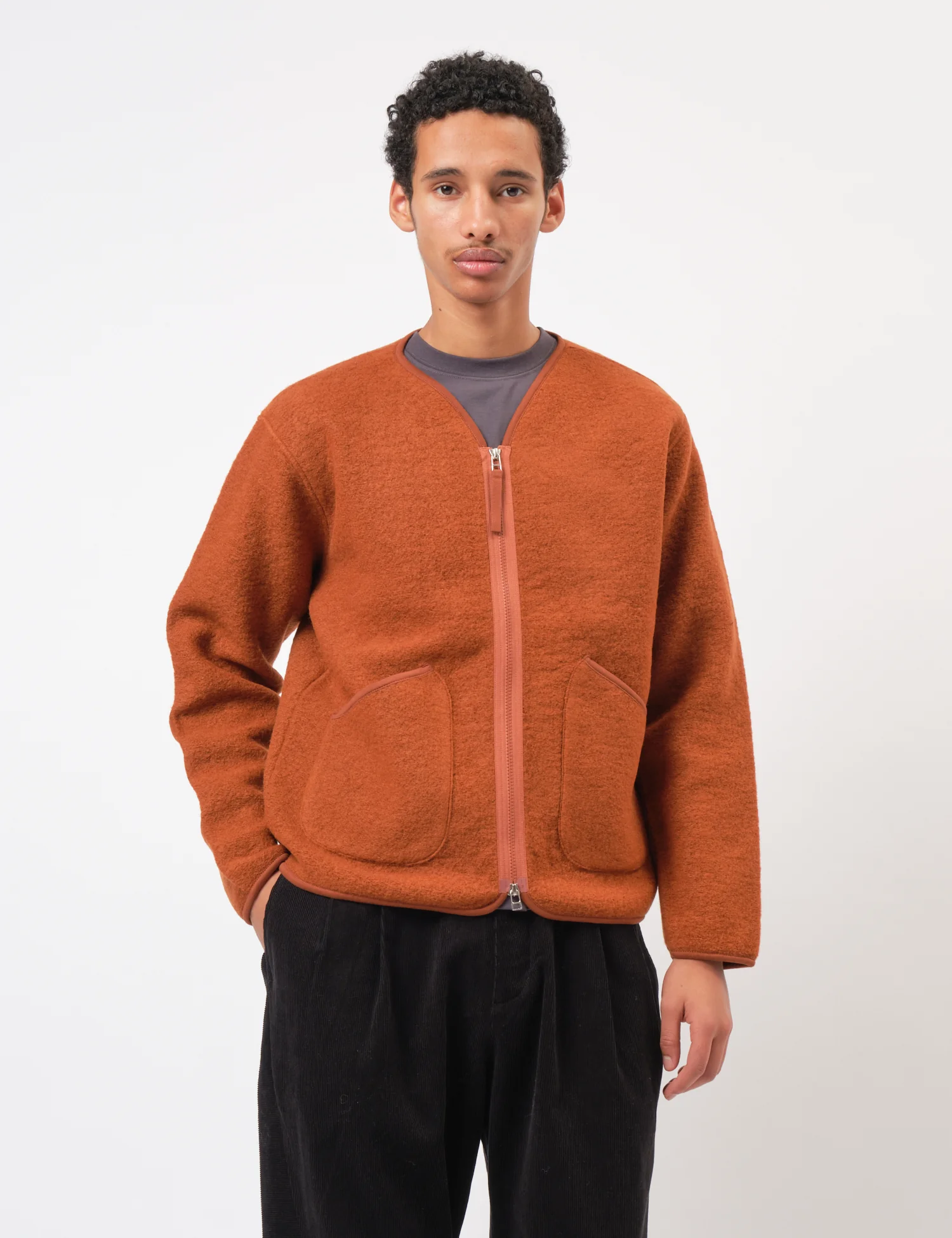 Universal Works Zip Liner Jacket (Wool Fleece) - Rust - Image 5
