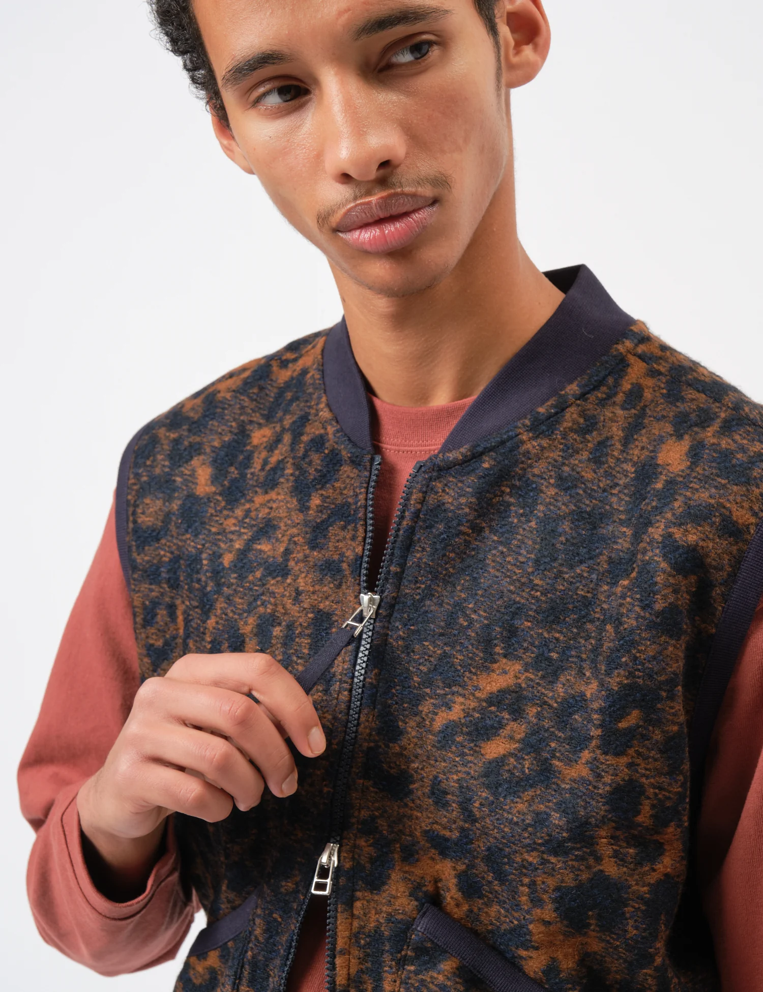 Universal Works Zip Waistcoat (Night Leopard) - Dark Navy/Brown - Image 2
