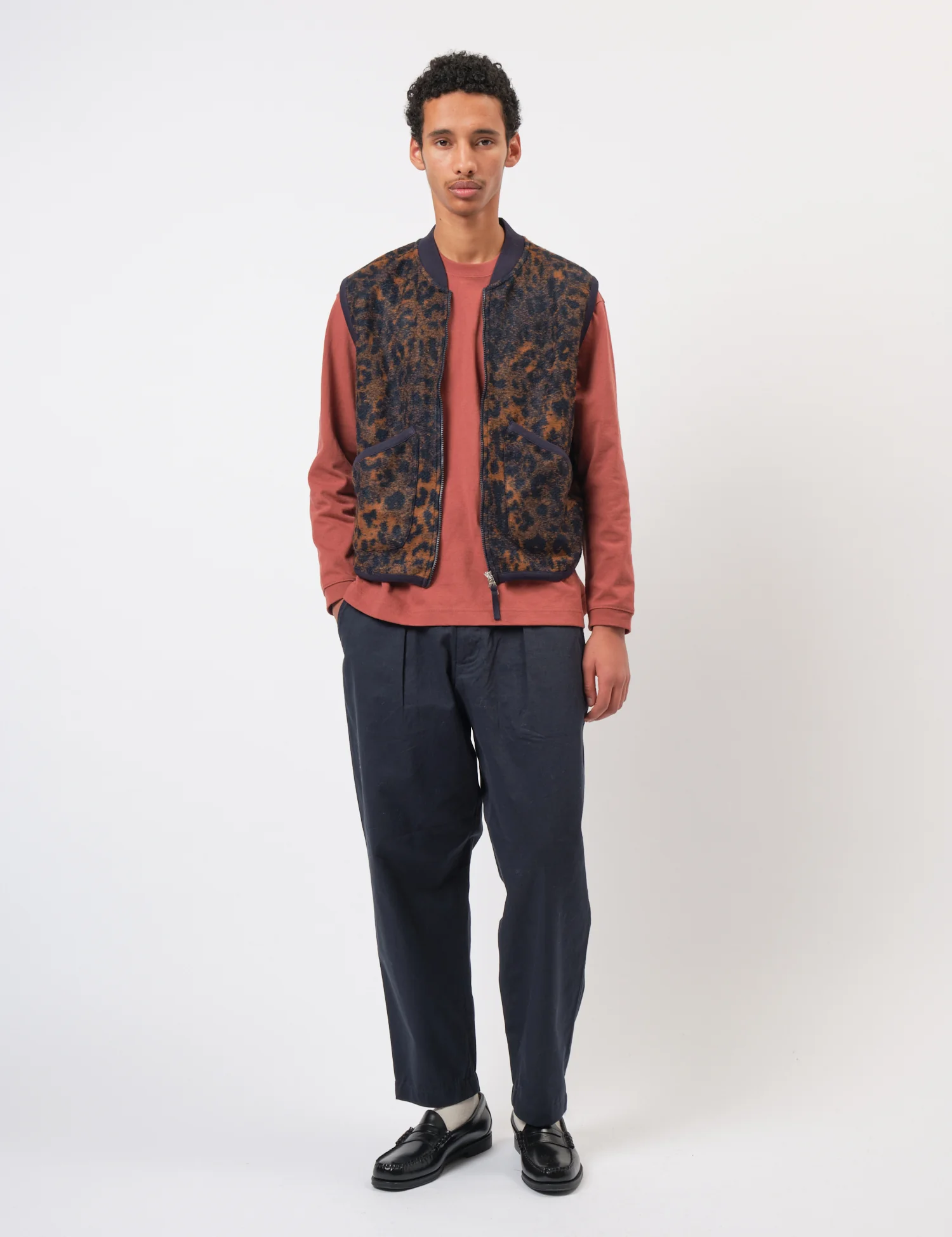Universal Works Zip Waistcoat (Night Leopard) - Dark Navy/Brown - Image 5