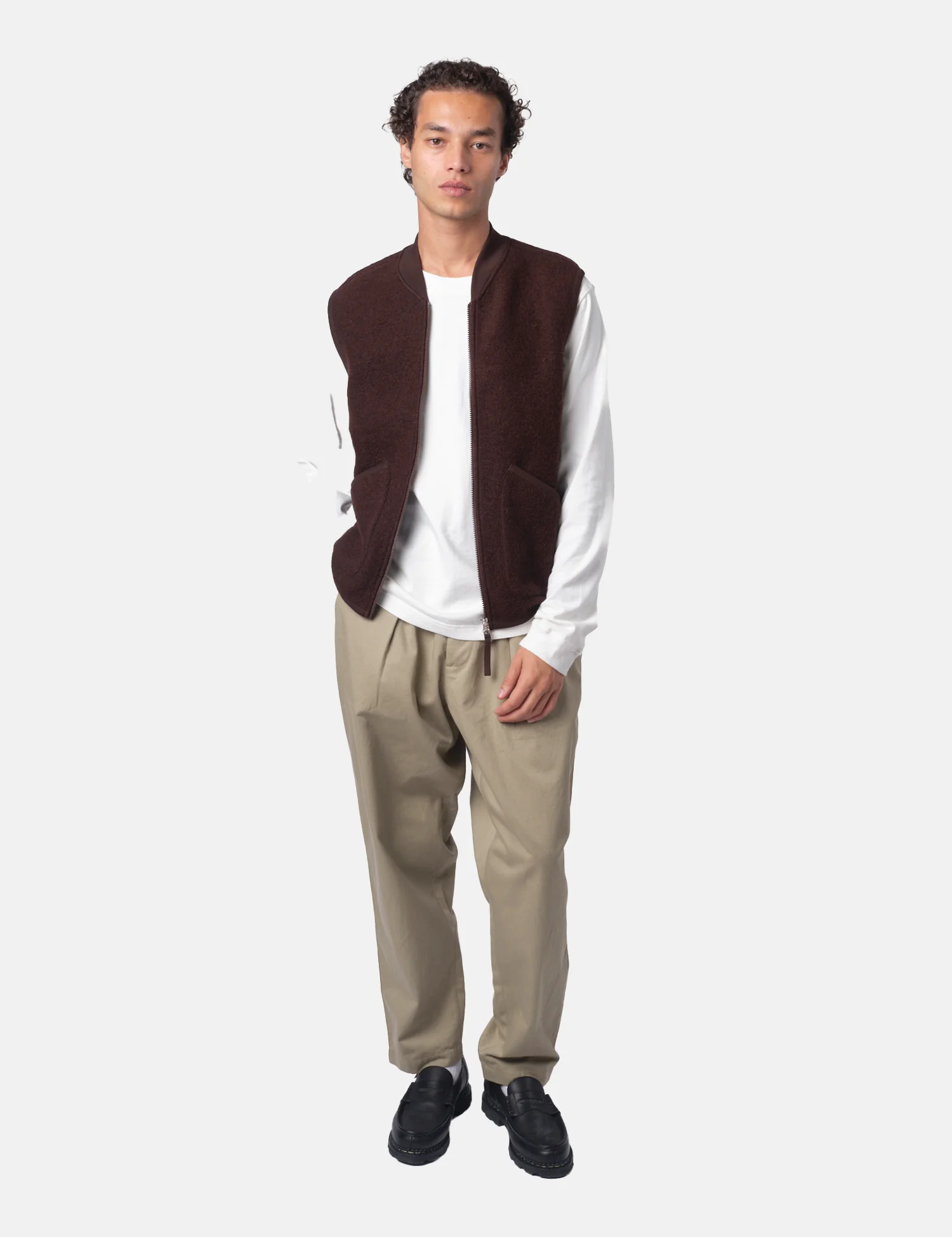 Universal Works Zip Waistcoat (Wool Fleece) - Brown - Image 3