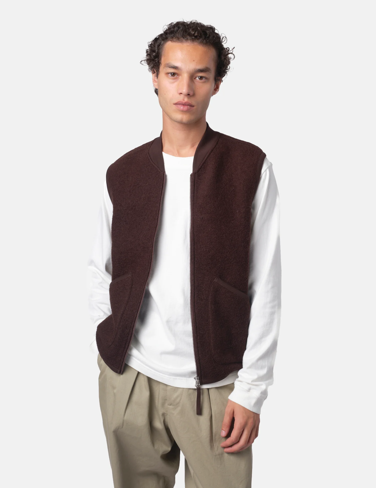 Universal Works Zip Waistcoat (Wool Fleece) - Brown - Image 4